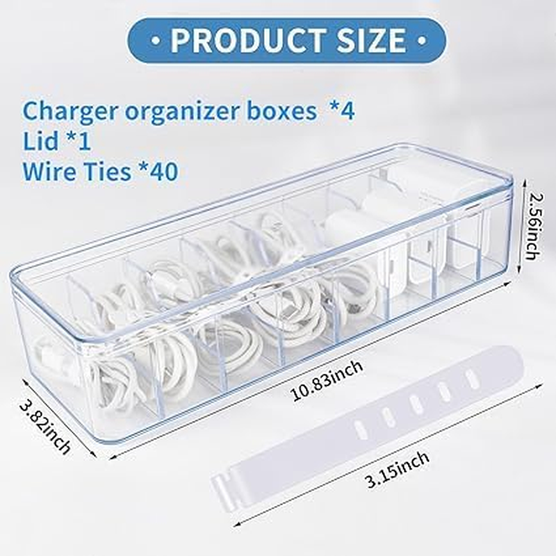 4 Pcs Clear Plastic Charger Cord Organizer Box, Cable Management Box with 40 Wire Clips, Electronics Organizer for Home Office Desktop Accessories （With One Lid） image number 6