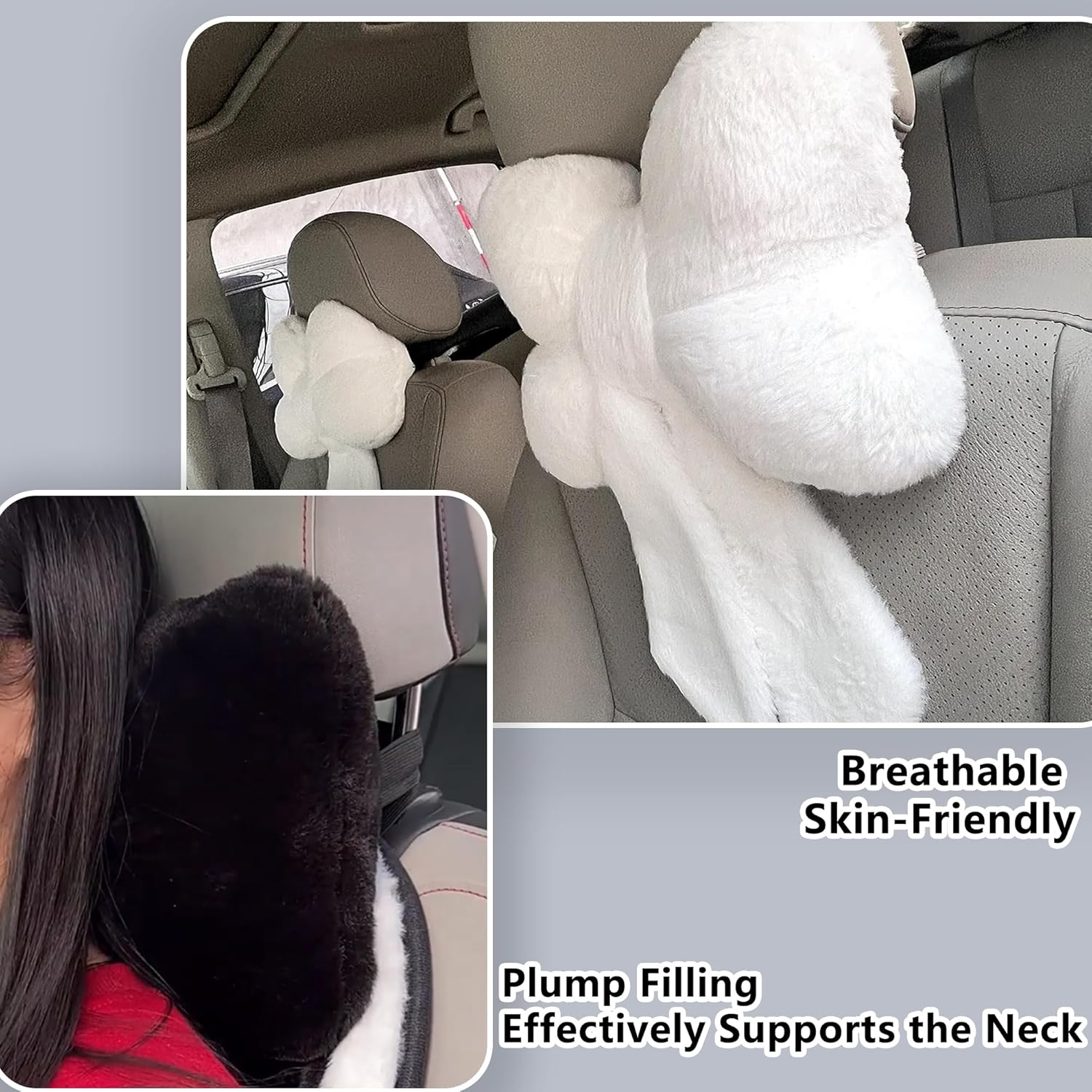 Car Neck Pillow 2PCS Plush Bowknot Car Headrest Pillow &ndash; Comfortable Neck Support for Driving Soft Touch Fabric Car Pillow Cute Girl-Style Interior Decor (Black) - Black image number 2