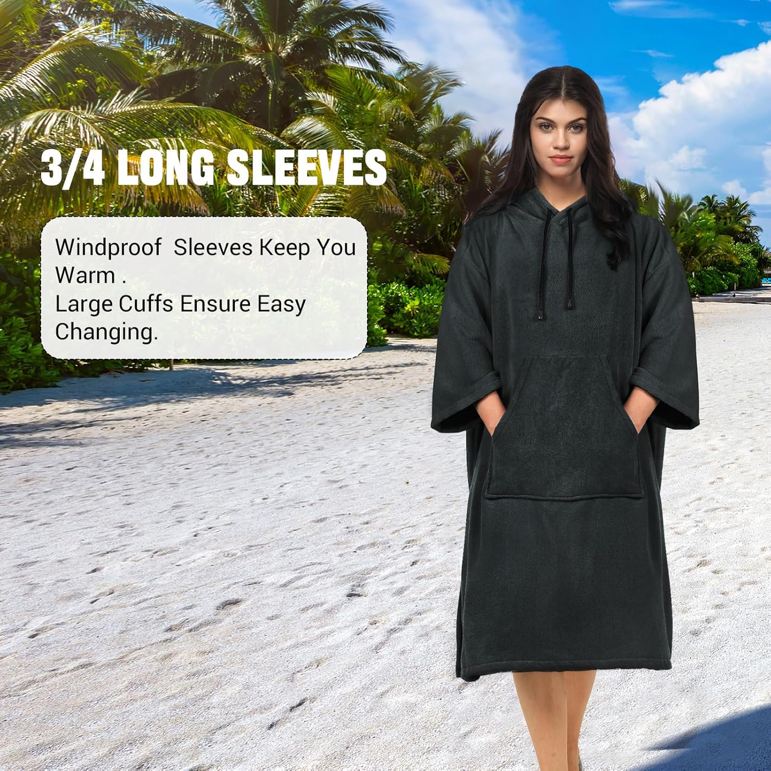 Vulken Thick Hooded Beach Towel Changing Robe, 3/4 Sleeve Surf Poncho for Men and Women, Easy Change, Microfiber Towelling for Beach Swimming, 39" X 33", Black image number 2