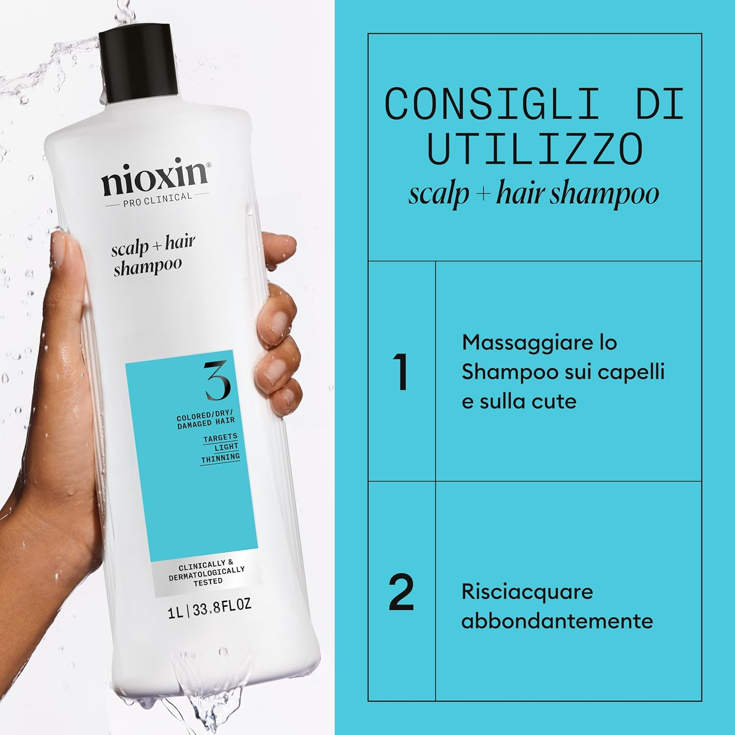 Nioxin System 3 Scalp plus Hair Thickening Shampoo for Damaged Hair with Light Thinning, 1000 Ml image number 4