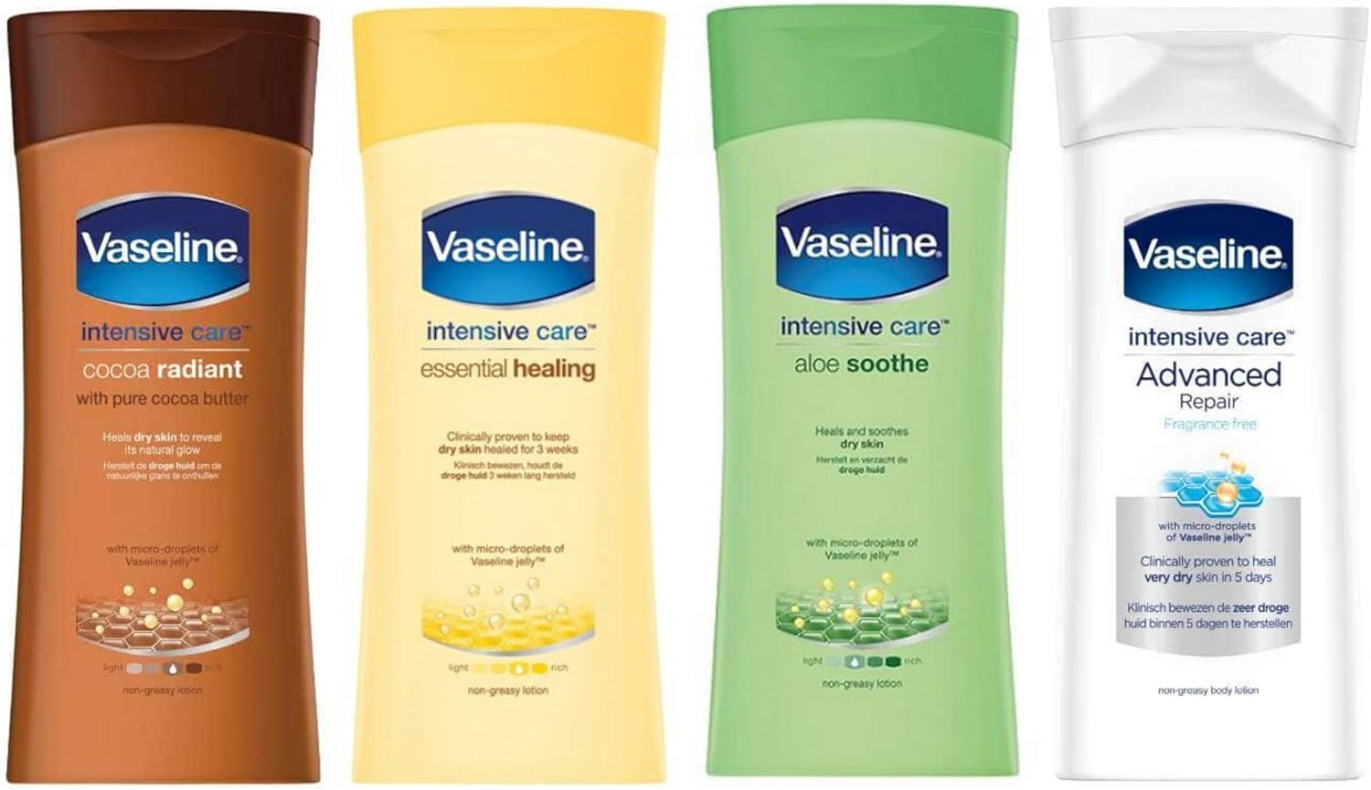 Vaseline Intensive Care Kit - 4 X 200Ml Non-Greasy Body Lotion Bundles Cocoa Radiant, Essential Healing, Aloe Soothing and Advanced Repair. Heals Dry Skin from the Worldwide