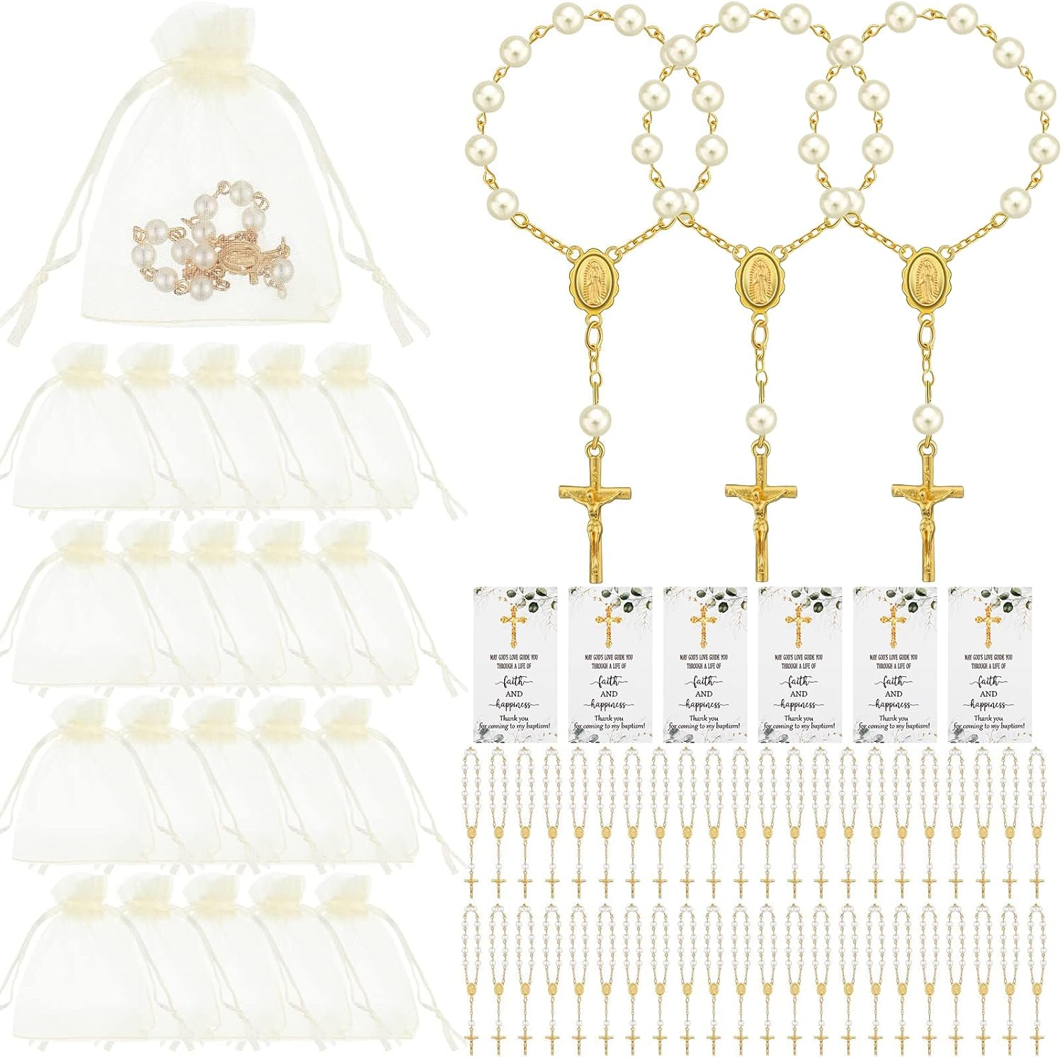 50 Sets Baptism Favors for Guests Acrylic Rosary Beads Faux Pearls Organza Gift Bags Thank You Cards Silver Angel Charm Keychain for Baptism Christening First Communion Party Supplies (Gold) image number 6