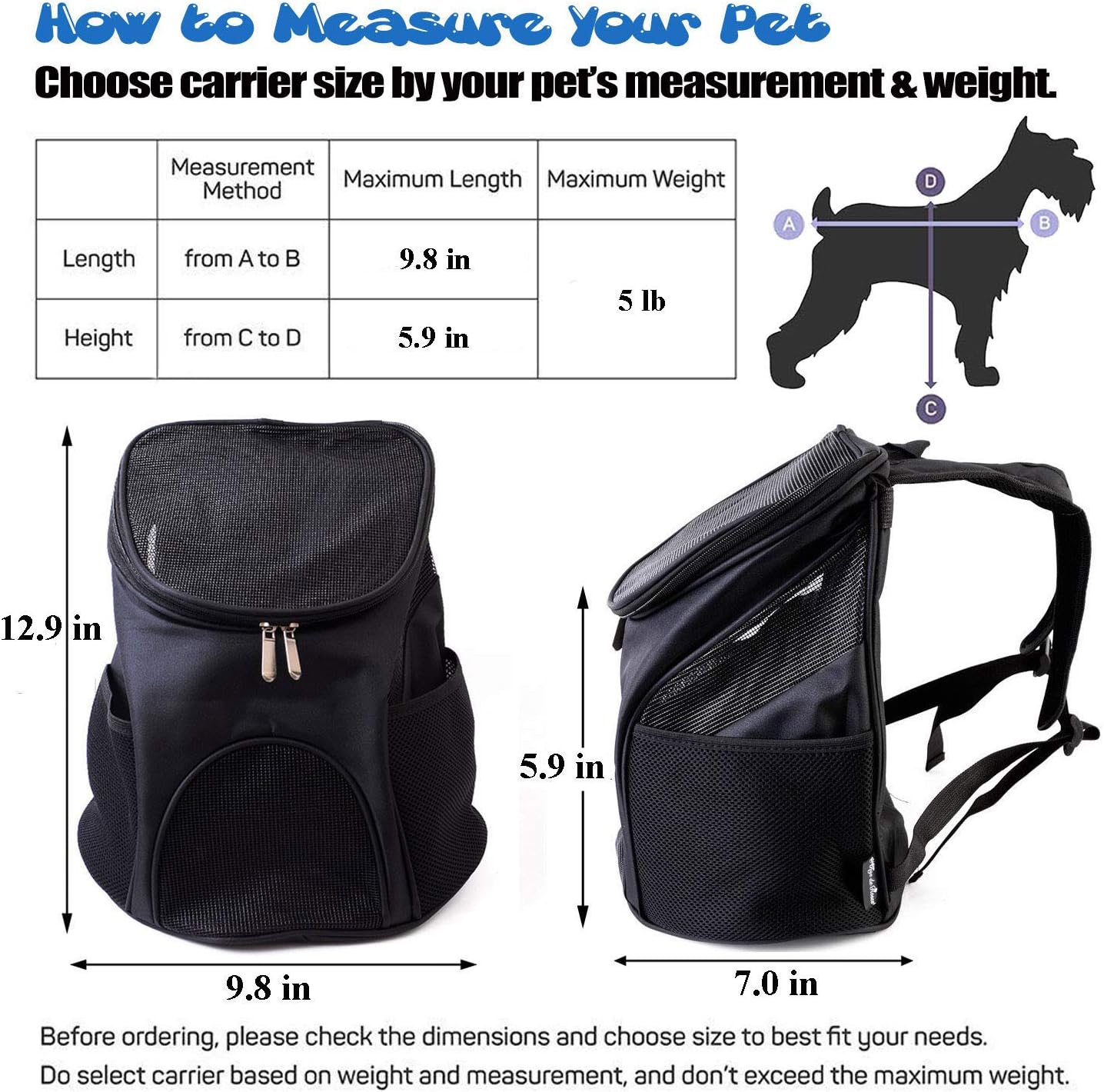 Dog Carrier Backpack Breathable for Small Pets/Cats/Puppies, Pet Carrier Bag with Mesh Ventilation, Safety Features and Cushion Back Support, for Traveling, Hiking, Camping, Walking & Outdoor (Black) - Black image number 5