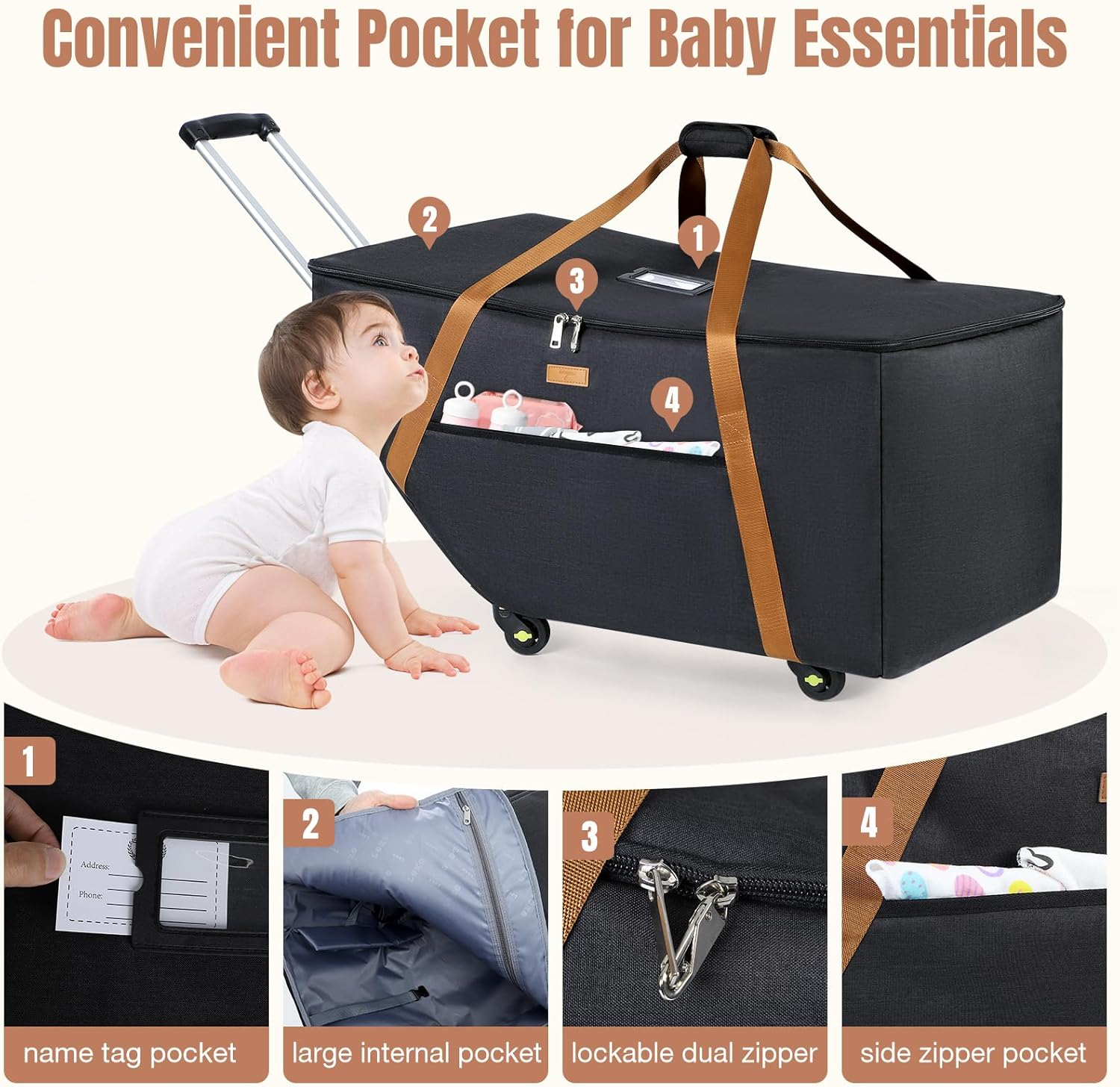 Infant Car Seat Travel Bag with Wheels Fits Chicco Keyfit 30,Nuna Pipa,Uppababy MESA, Padded Car Seat Bags for Airplane, Gate Check Bag with Side Pocket, Removable Cover for Air Travel, Black image number 5