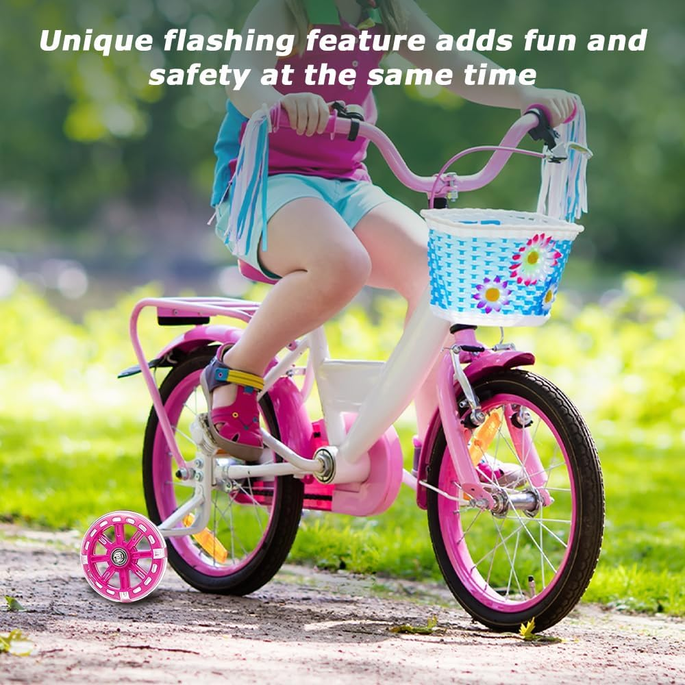 1 Pair Bike Training Wheels with Durable Material, Portable Kids Bike Stabilisers, Mute Flash Bicycle Wheels, Adjustable Training Wheels, Suitable for Kids Bike Beginners（Pink) (PINK) image number 4