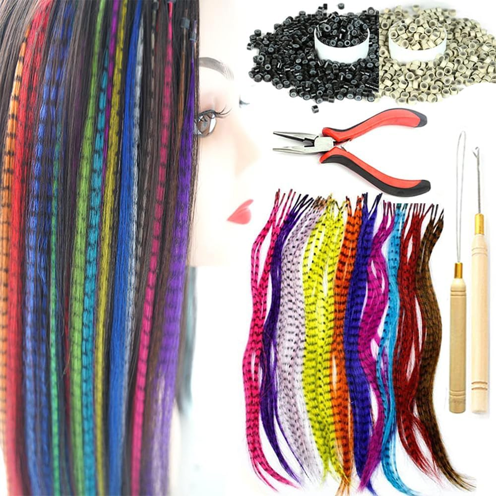 YUDAOHAIR Synthetic Feather Hair Extensions for Women 16 Inch Hairpieces With100Pcs Silicone Micro Link Beads and 2 Crochet Hooks Hair Feathers with Tools Kit (16'', 12 Feather Mix Colors)