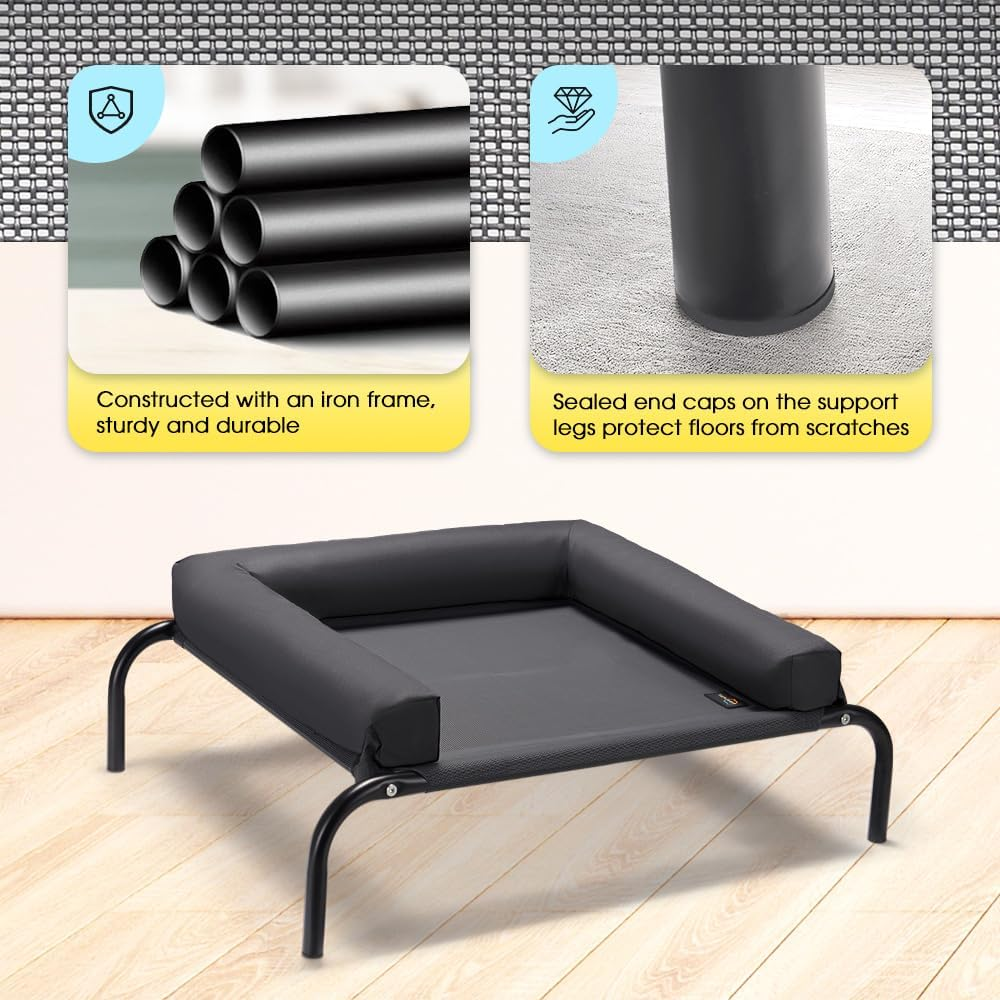 Elevated Cooling Dog Bed with Cushions, Raised Pet Cot for Small Medium Dogs, Portable & Machine-Washable, Non-Slip Rubber Feet, Indoor & Outdoor Use, Black, Medium(88X64X20Cm)
