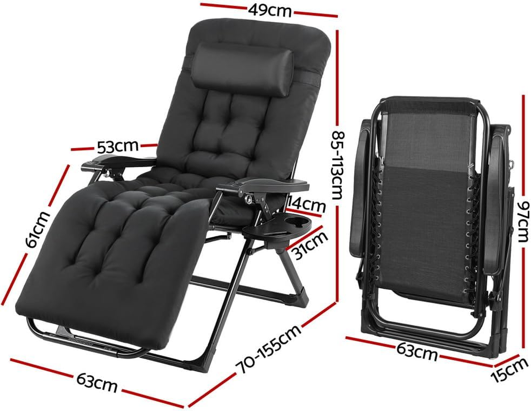 Gardeon Sun Lounge, Folding Camping Chair Lounger Day Bed Chaise Beach Chairs Outdoor Furniture Garden Patio Setting Pool Backyard, with Cotton Padded Seat Armrest Adjustable Backrest All Black image number 1