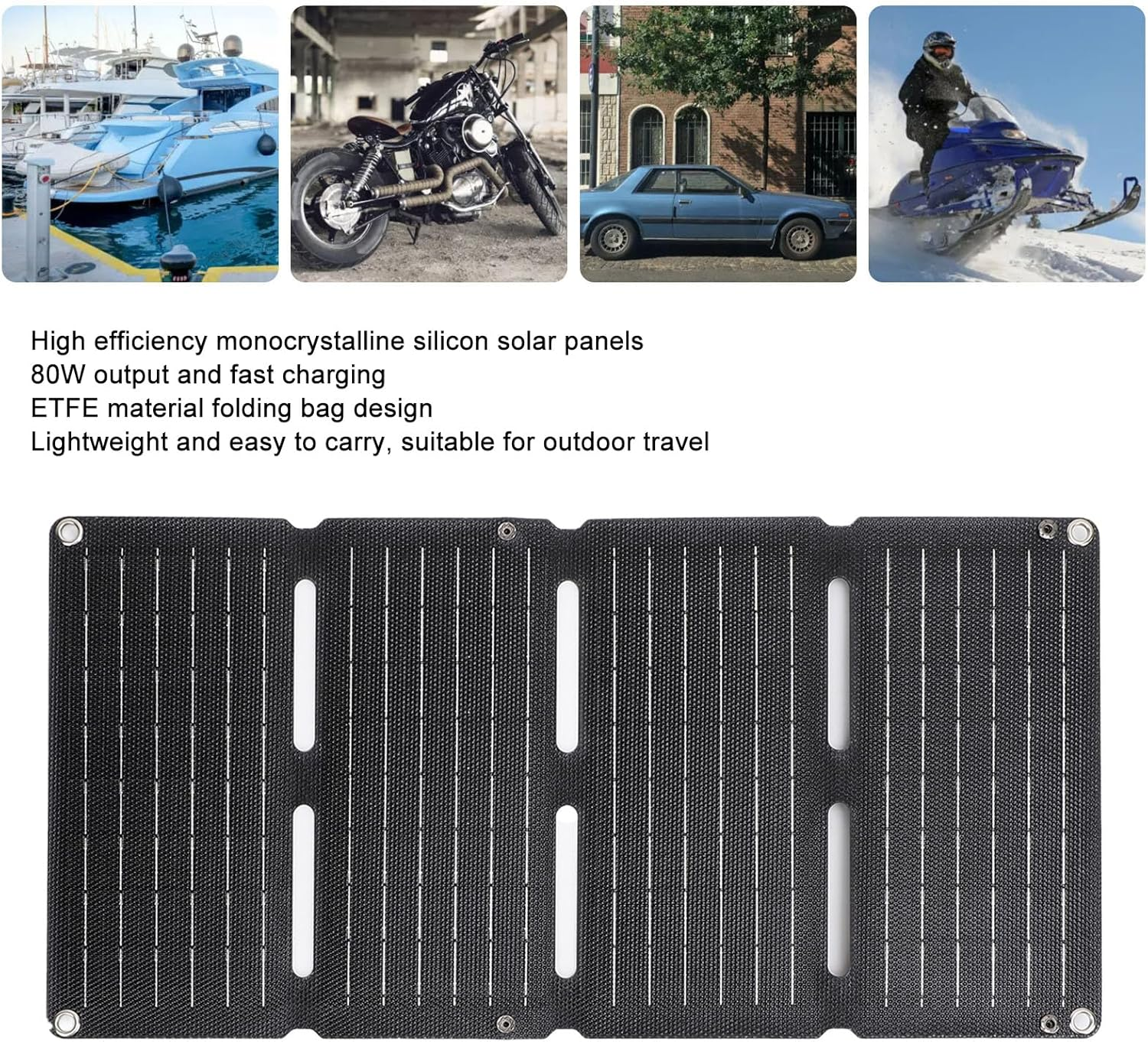 Folding Solar Panel, 80W Monocrystalline Silicon Portable Solar Panel with Dual USB Output Ports for Camping Hiking RV Fishing, Supporting 12V and 5V Devices ﻿ image number 3