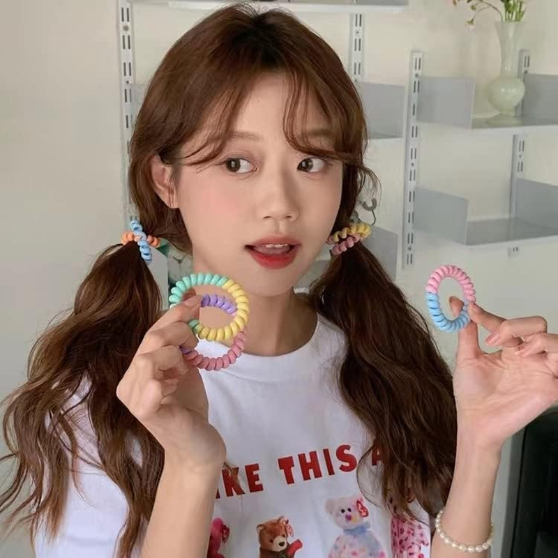 6Pcs Spiral Hair Ties for Women Phone Cord Tellie Telly Coil Plastic Tele Coiled Telephone Cord Stretchy Bracelet Hair Ties for Thick Hair Big Coils (Mixed Color) image number 2