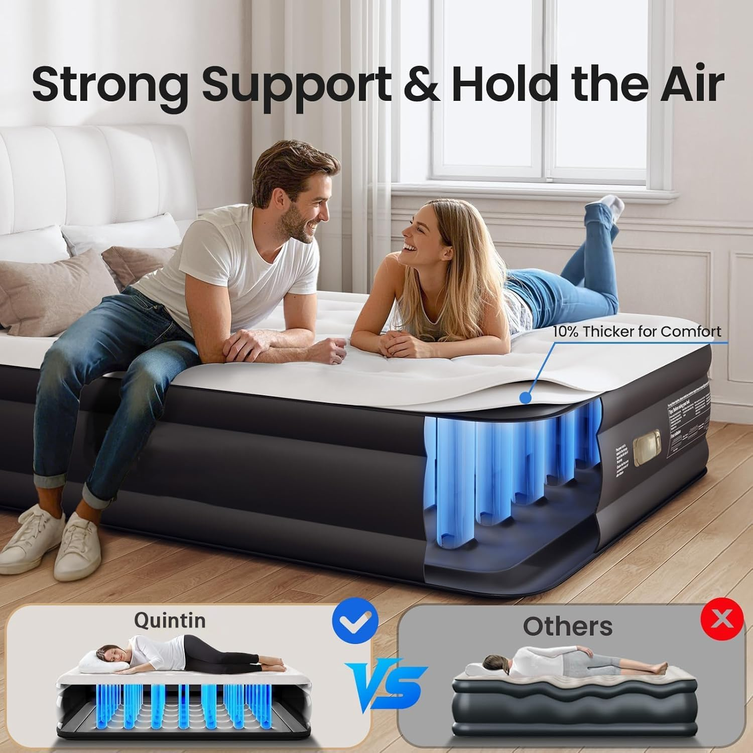 Quintin Air Queen Size Mattress Air Bed Queen with Built in Pump, Foldable Portable Inflatable Mattress, 500Kg Weight Capacity Blow up Air-Mattress Suitable for Guests, Indoors and Camping (Black) image number 4