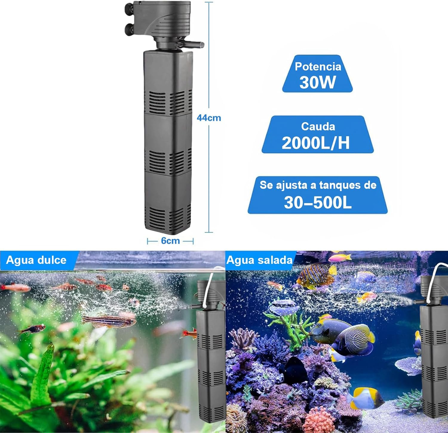 Submersible Aquarium Filter for 30-500 L, 3-In-1 Biochemical Sponge Filter for Aquarium Filtration/Oxygenation/Circulation, up to 2000L/H Adjustable Internal Fish Tank Filter image number 4