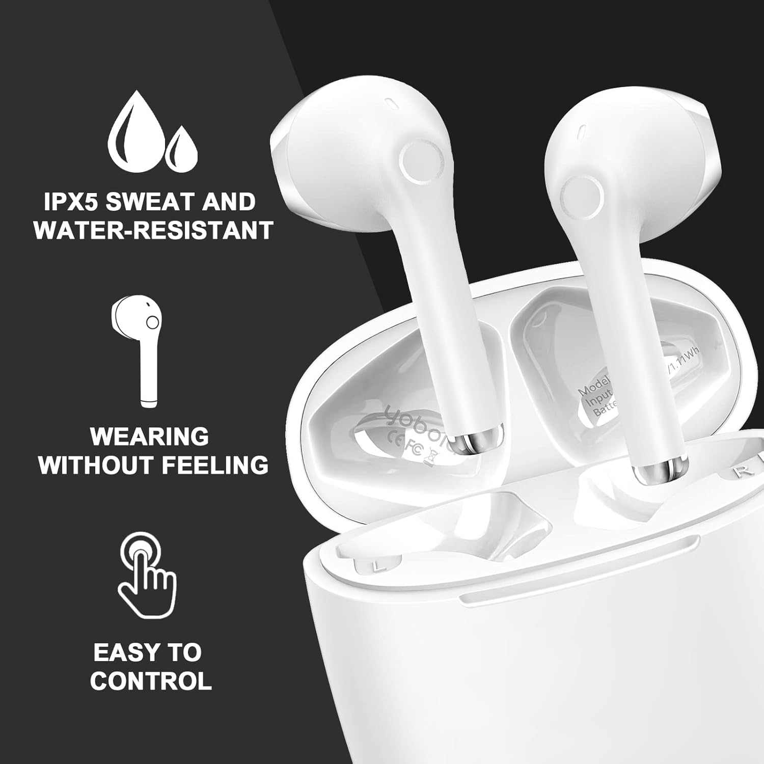 Yobola Wireless Earbuds, Bluetooth Earphones, IPX5 Waterproof Wireless Earphones Touch Control, Bluetooth Earbuds 5.1 Built-In Microphone, 25 Hrs with USB-C Charging - White