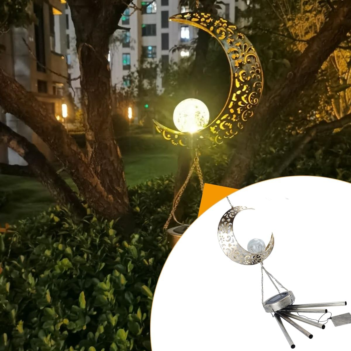 Ausi Sun Moon Solar Wind Spinner Light - Outdoor Garden Night Wind Bell Waterproof Chime Ambient Light Lamp - Lamp for Patio, Deck, Lawn, Yard, Patio, Deck, Garden (Moon) image number 3