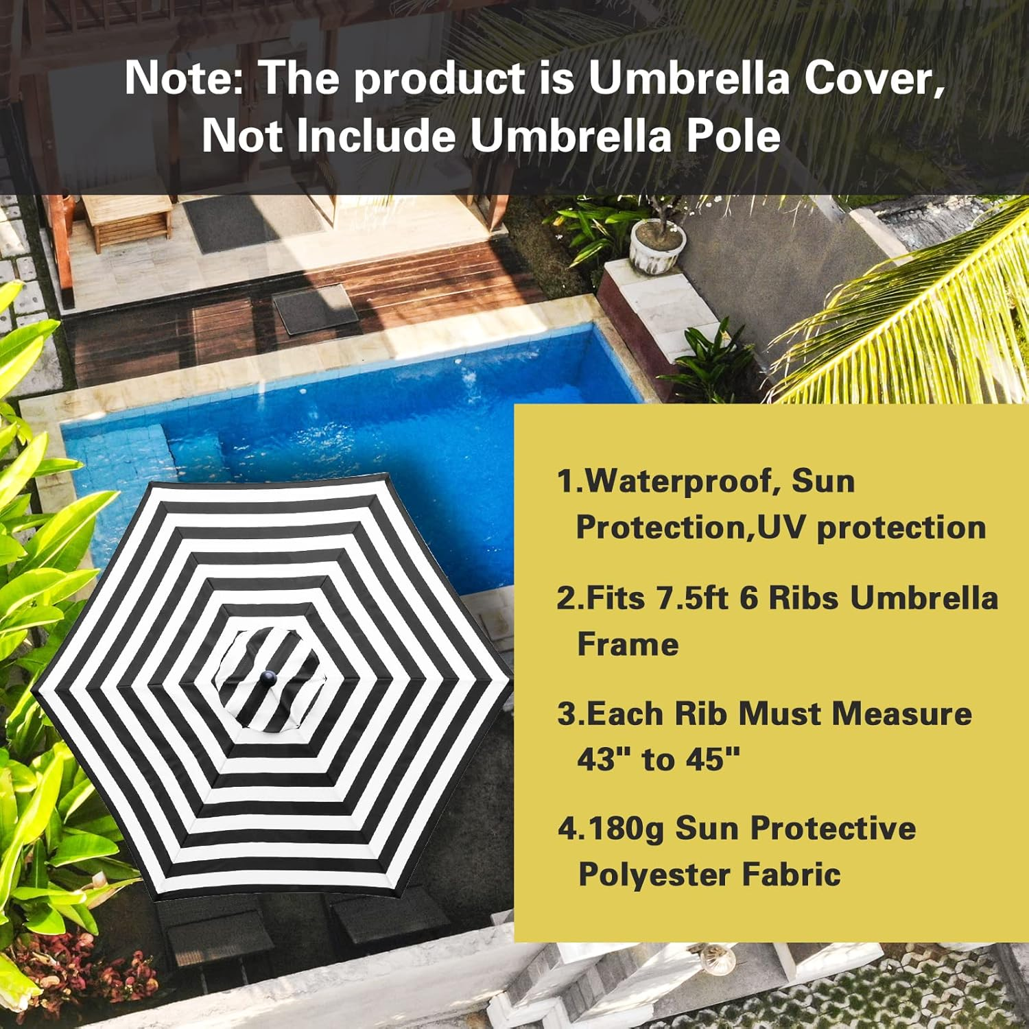 Sunnyglade 7.5Ft Patio Umbrella Replacement Canopy Market Umbrella Top Outdoor Umbrella Canopy with 6 Ribs - Black image number 3