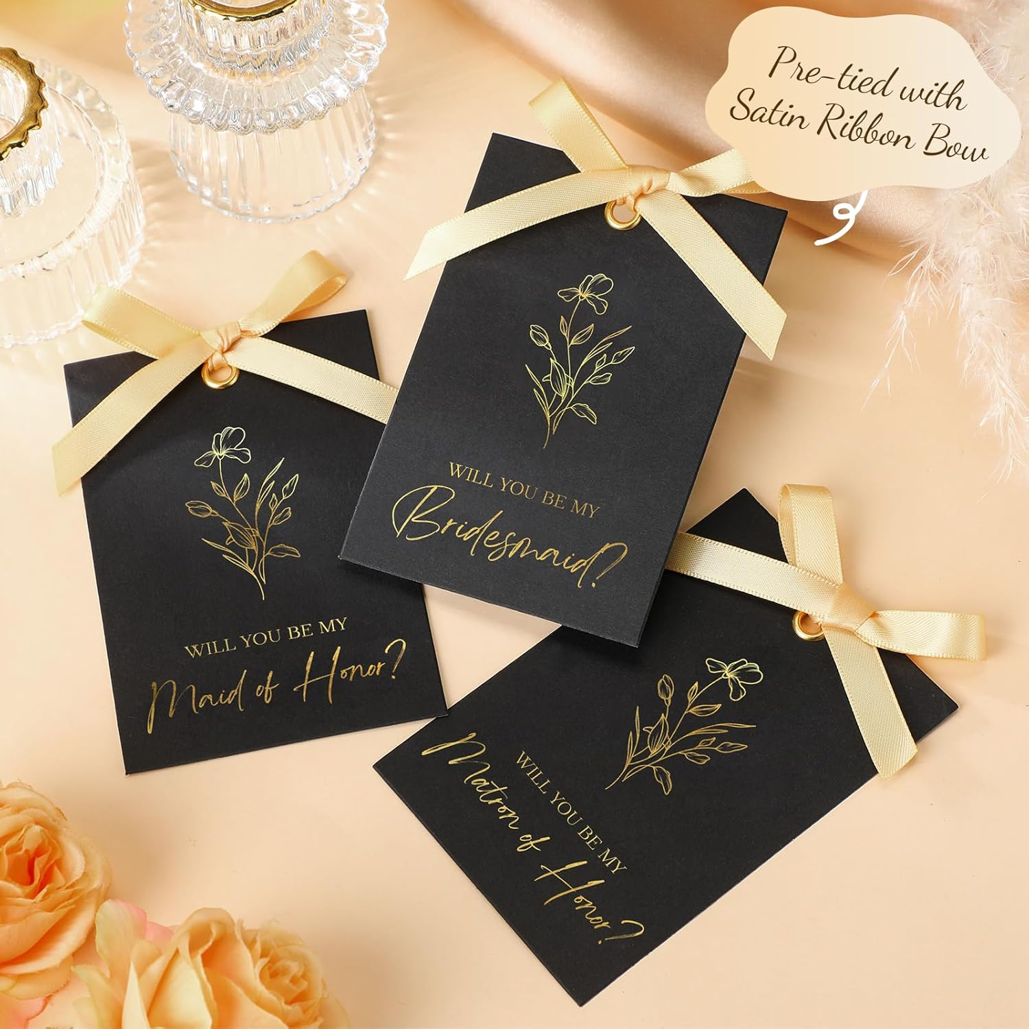 11 Pcs Bridesmaid Proposal Card with Ribbon Bow Floral Metallic Bridal Gift 8 Will You Be My Bridesmaid 2 Maid of Honor 1 Matron of Honor Invitation for Bridal Shower (Black, Gold) image number 6