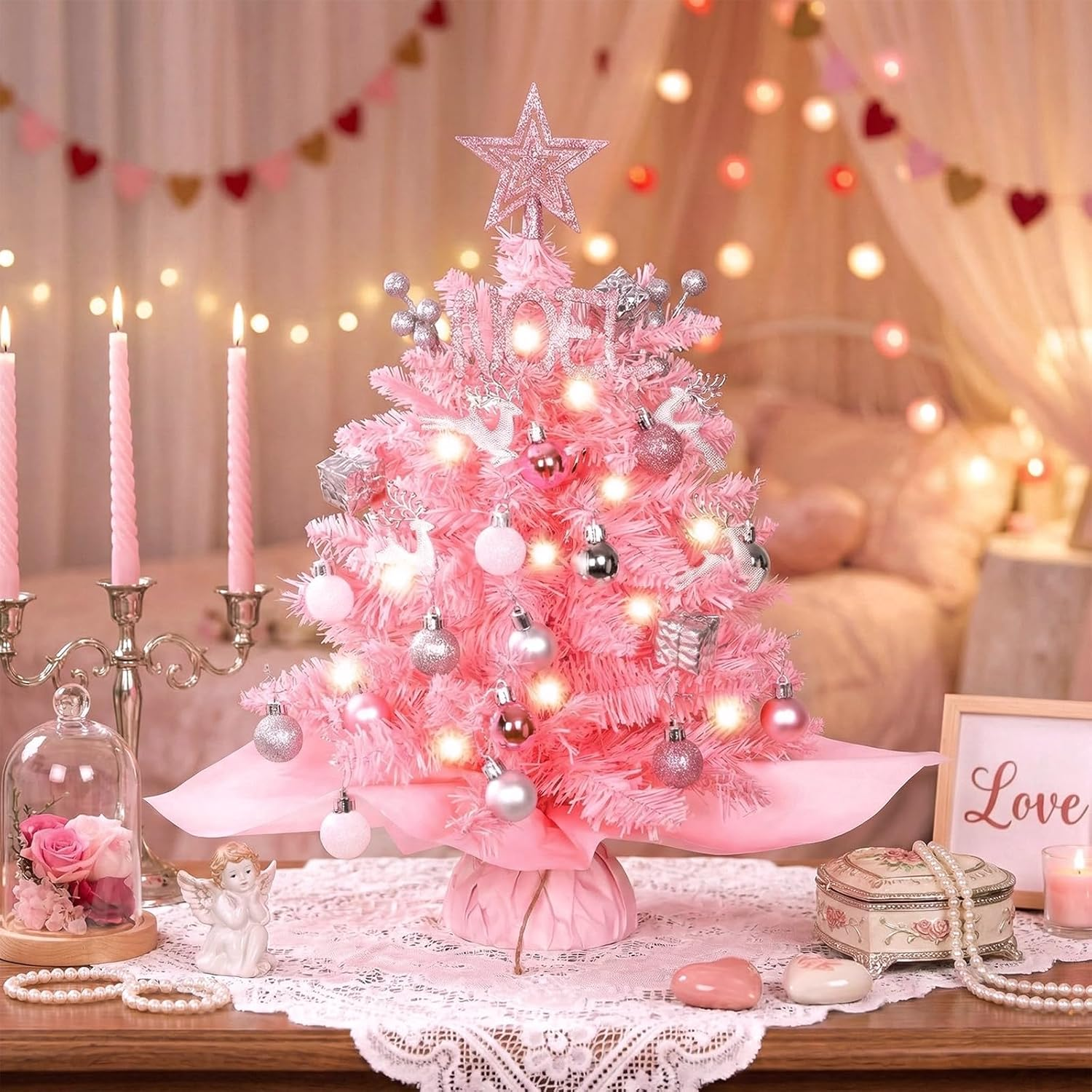 20" Mini Pink Christmas Tree, Artificial Small Table Top Christmas Tree with Warm Lights, Star Treetop and Ornaments, Tabletop Christmas Tree for DIY Pink Christmas Decoration Gifts - Pink image number 2