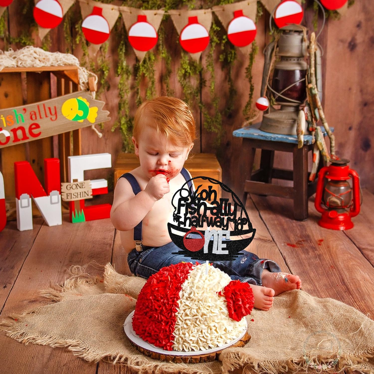 Little Fisherman Half Way to One Birthday Cake Topper, Boy Fishing Birthday, Lakeside Party, 6 Months, Happy 1/2 Birthday, Baby Shower Party Decorations Supplies, Blue Glitter image number 1