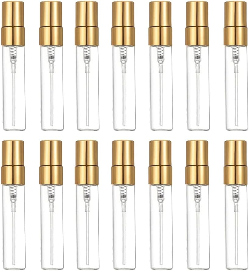 IMIROOTREE 20Pcs Clear Glass Mist Spray Bottle Atomizer Refillable Empty Sample Containers with Golden Lids for Cleaning, Essential Oils, Travel (2Ml) image number 2