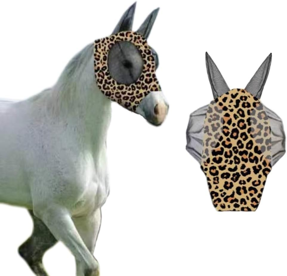 Stretchy Horse Fly Mask with Ears Comfort Fit Mesh Trail Pasture Sun UV Protection (Leopard Print, One Size) image number 5