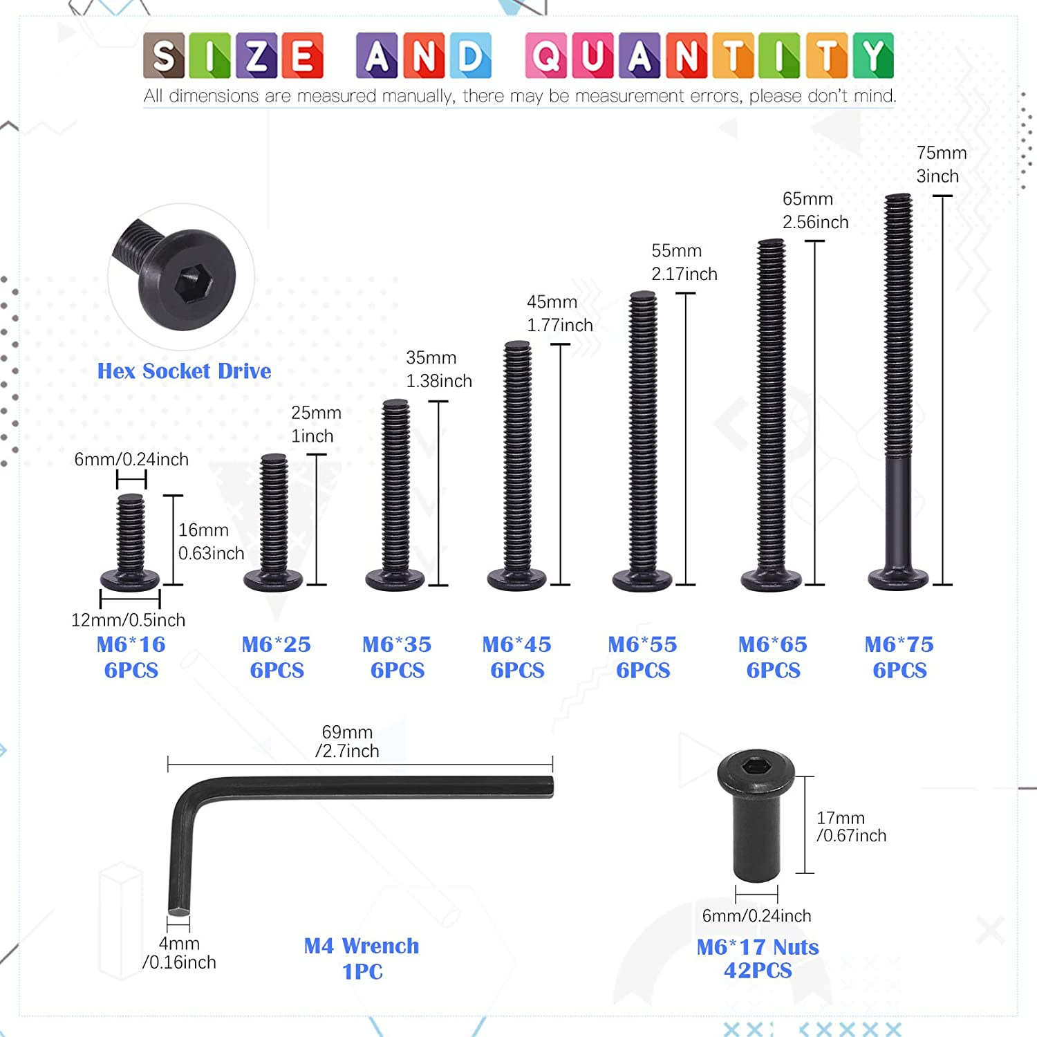Glarks 85Pcs M6X16/ 25/35/ 45/55/ 65/ 75Mm Black Hex Drive Socket Cap Bolts Kit, Allen Head Countsunk Furniture Crib Bolts Nuts Screws for Chair Table Cabinets image number 3