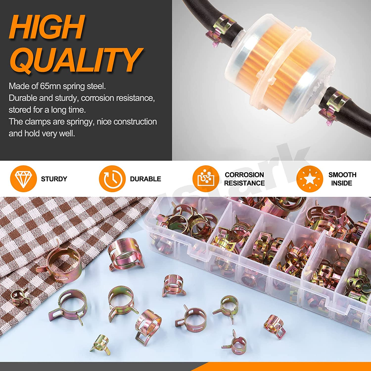 Rustark 121Pcs 12 Different Sizes 7-22Mm Spring Band Hose Clamps with Spring Clamp Pliers Assortment Kit, Fuel Line Silicone Vacuum Hose Pipe Clamp Low Pressure Air Clip Clamps Fasteners image number 2