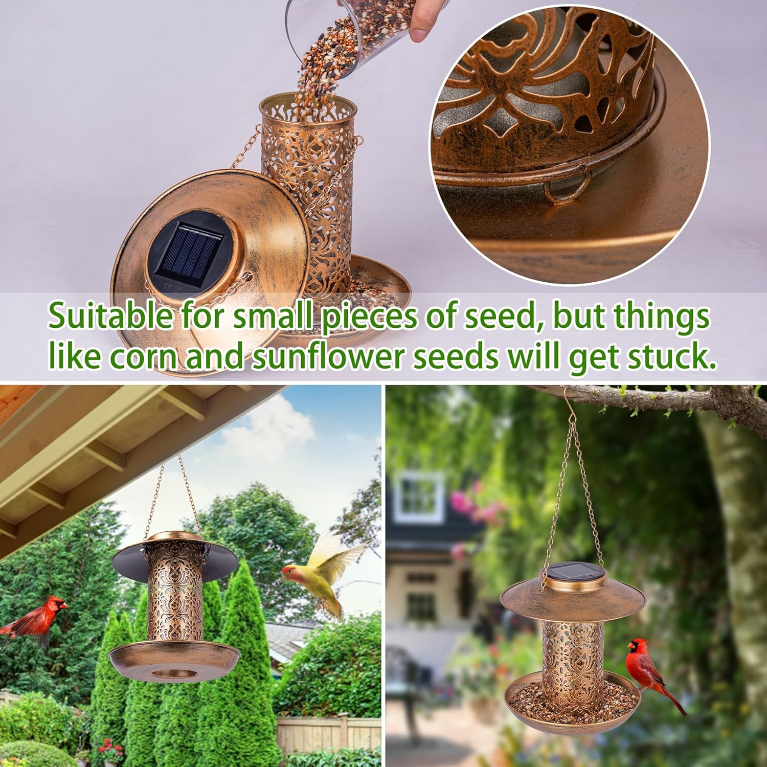 Solar Bird Feeder for Outdoors Hanging, Metal Wild Cardinals Garden Lantern with S Hook, Weatherproof and Water Resistant Birdfeeders as Gift Idea for Women Mom Grandma Bird Lovers (Bronze) image number 1