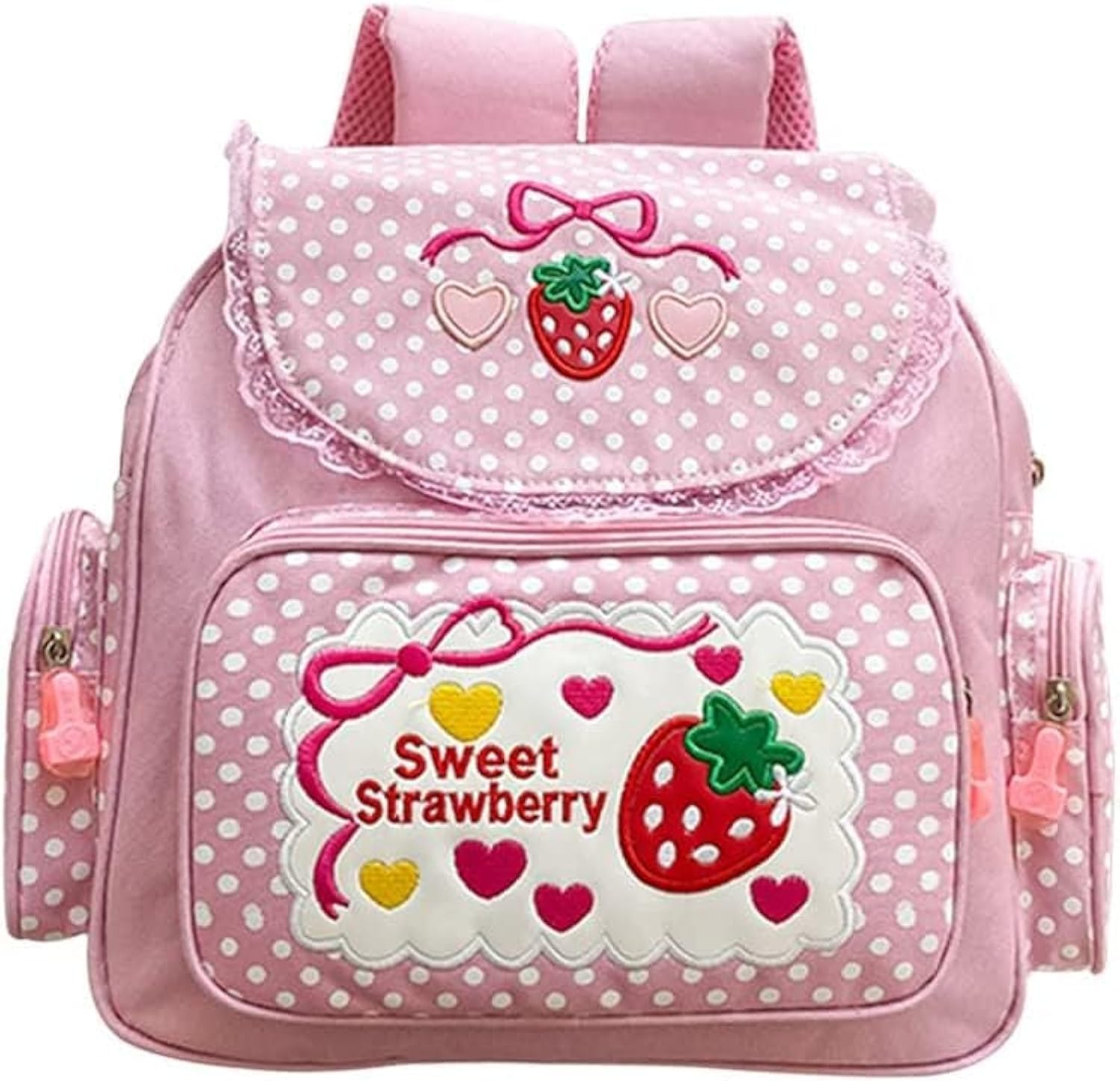 Kawaii Strawberry Embroidery Backpack for Girls Teens Students School Bag Satchel Cute Pink Lace JK Backpack, Pink, 30X37X13Cm, Kawaii Strawberry Embroidery image number 2