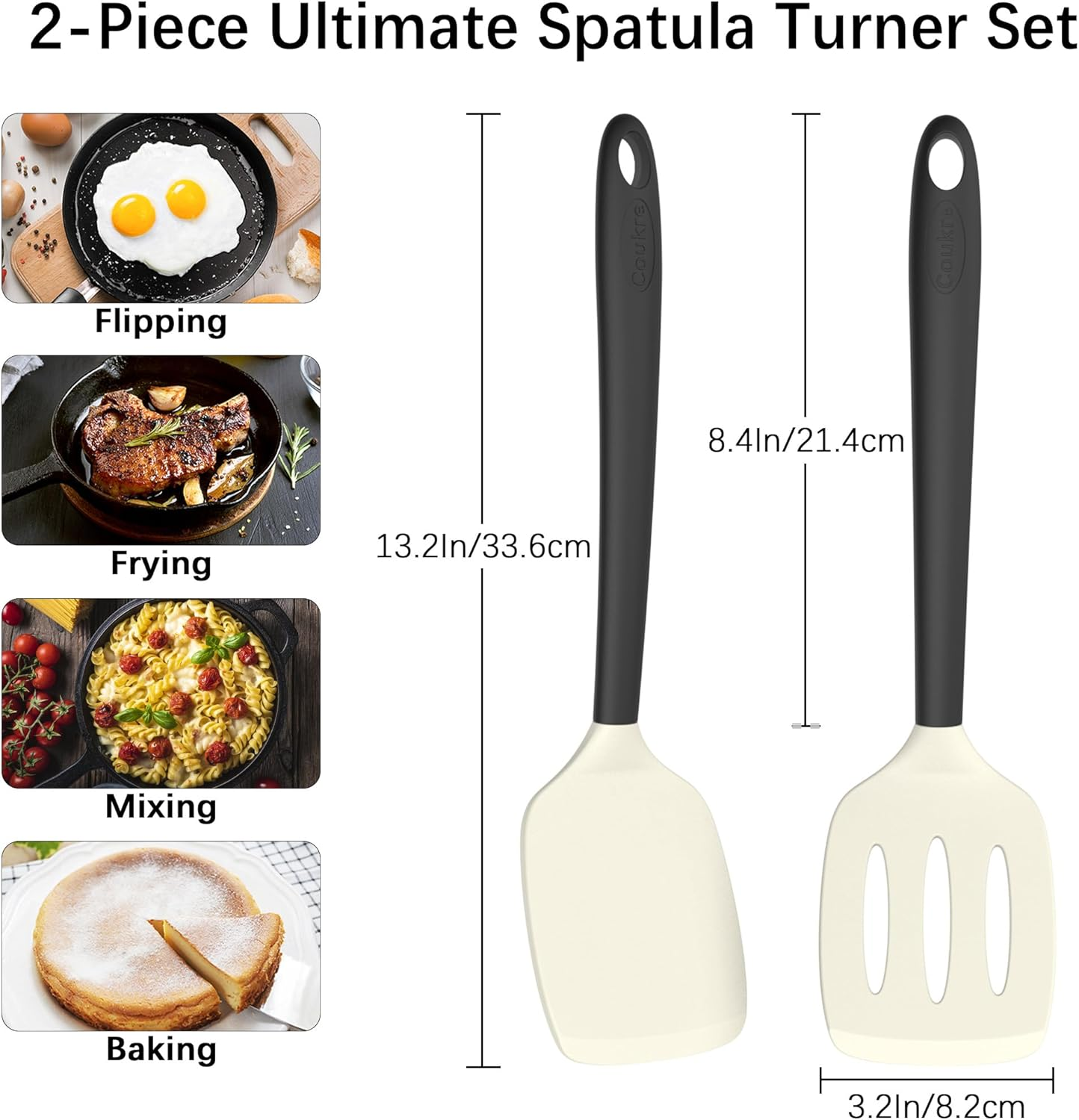 Coukre 2 Pack Silicone Spatula Set, High Heat Resistant, BPA Free Kitchen Spatula, Solid & Slotted Turner for Non-Stick Pans, Saut&eacute;ing, and Flipping (2, Beige) image number 1