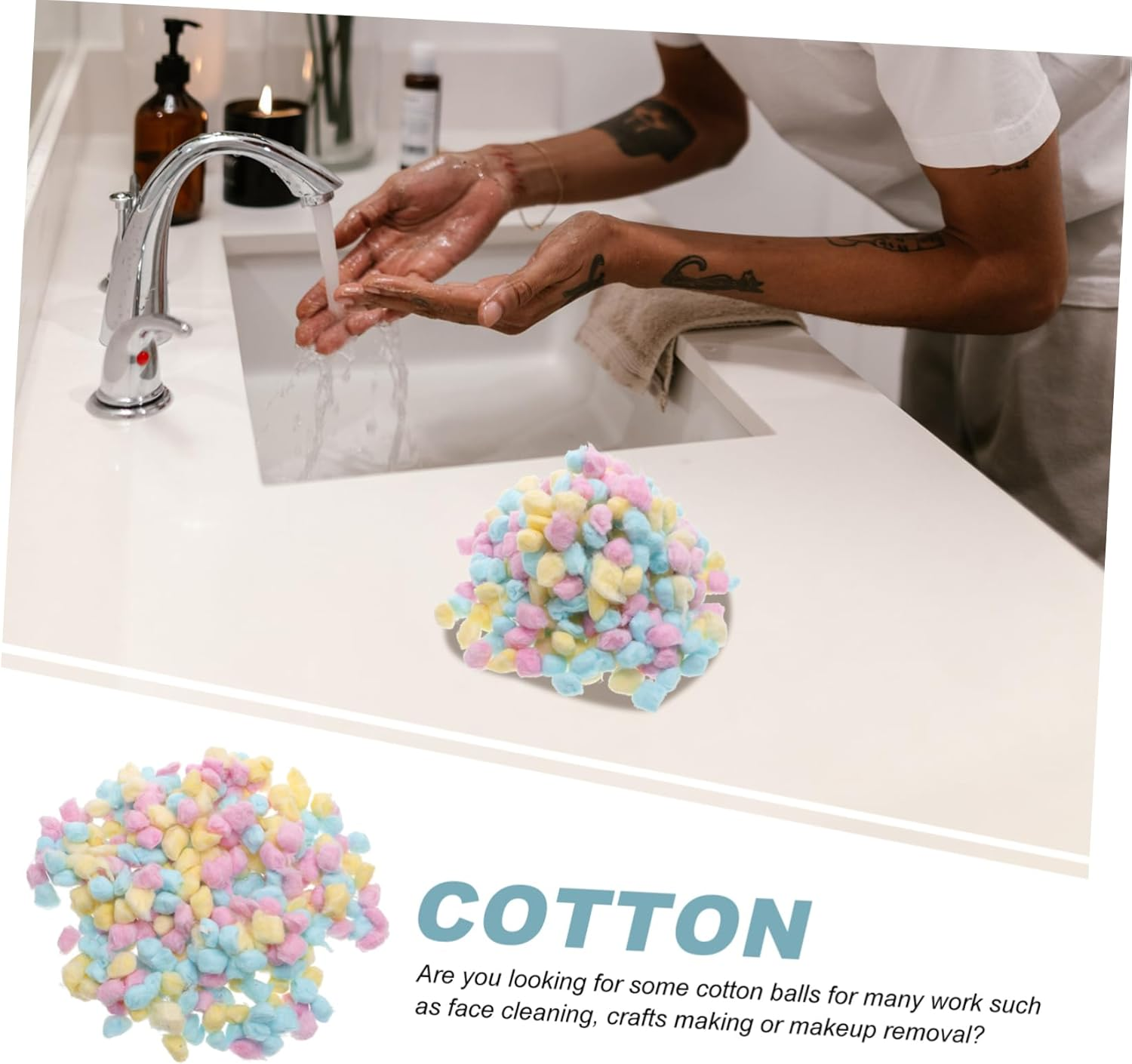 500G Baby Cotton Balls for Face Cleansing and Makeup Removal, Small Soft Cotton Pads in Pink, Yellow, and Blue, Newborn Suitable Facial Cleaning Supplies for Home and Beauty Salon image number 3