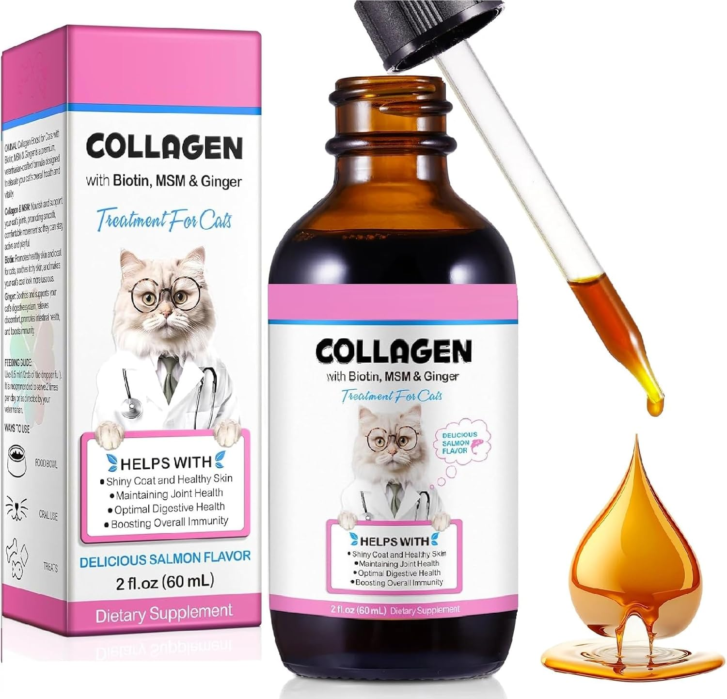 Liquid Collagen & Biotin for Cats - Multivitamin Drops with MSM & Ginger - Supports Skin & Coat Health, Joint Care, Digestion & Immunity - Itch Relief + Hairball Control - 60Ml - Vet-Recommended image number 4