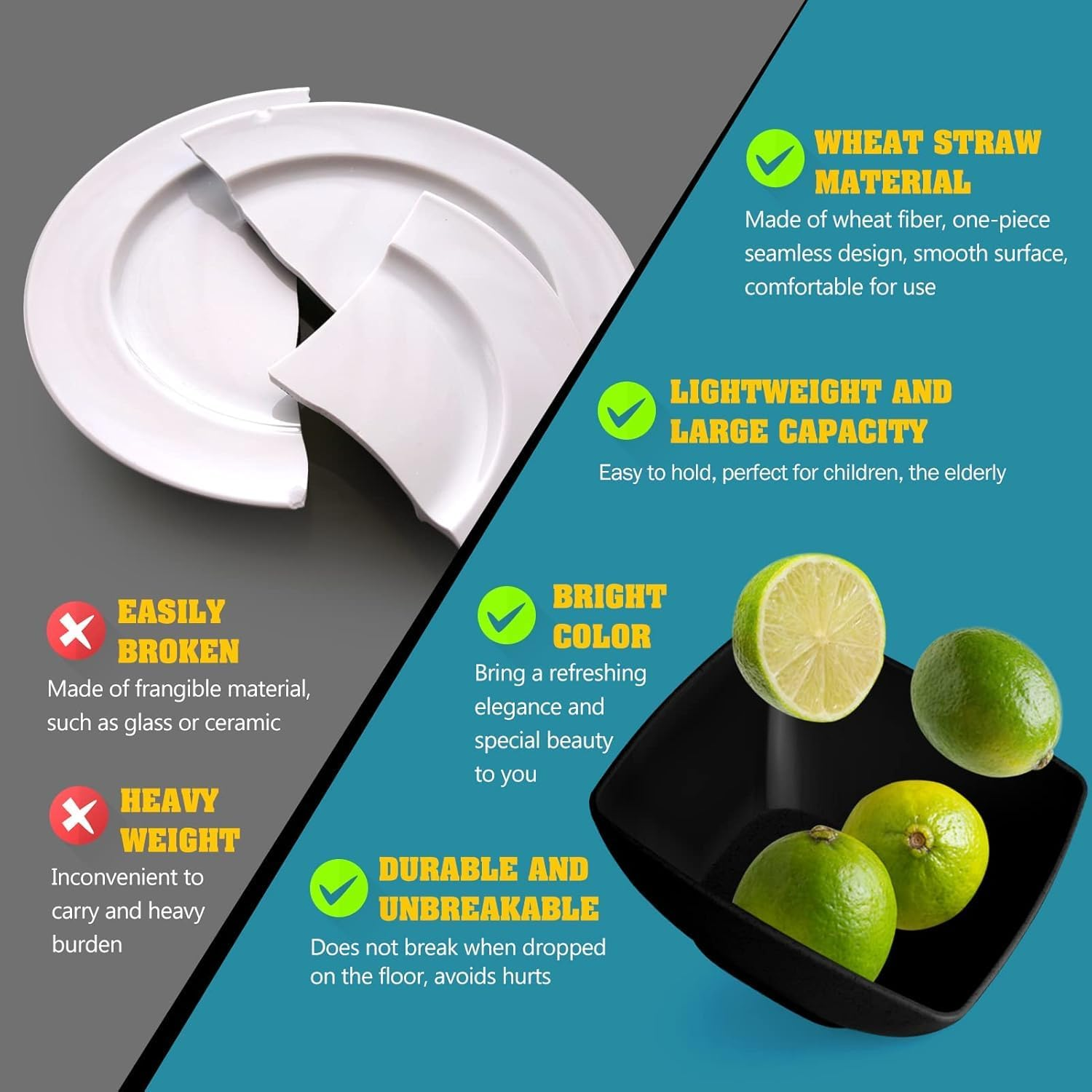 HOMIEST 32-Piece Plastic Wheat Straw Square Dinnerware Set for 8, Unbreakable Dinner Plates, Salad Plates, Snack Bowls, Tumblers 20 Oz, Dishwasher Safe, Black Matte image number 5