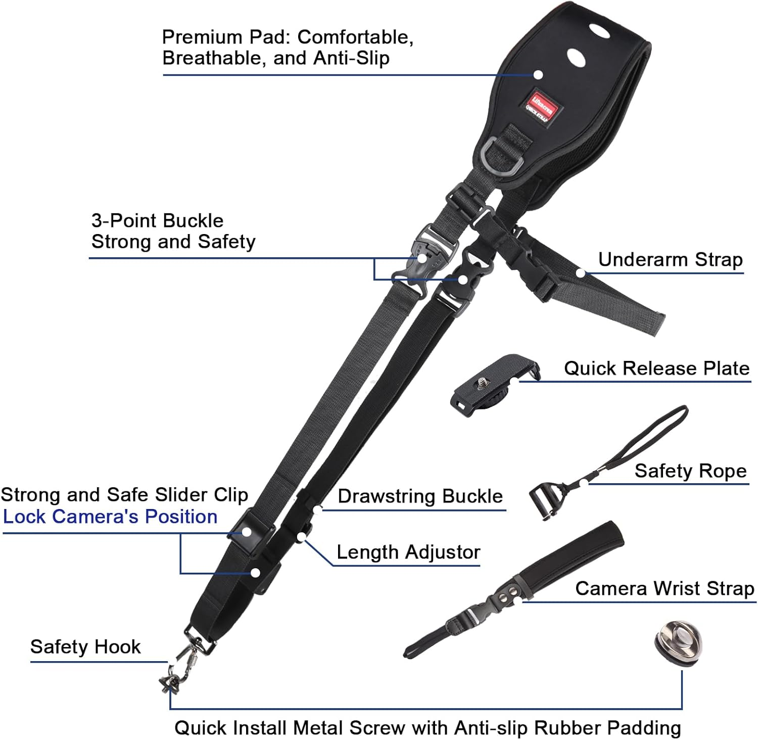 Lifuncren Camera Strap with Camera Wrist Strap Set, Quick Release Camera Shoulder Strap with Safety Tether and Quick Attach Plate, Adjustable Camera Neck Strap for DSLR SLR Camera