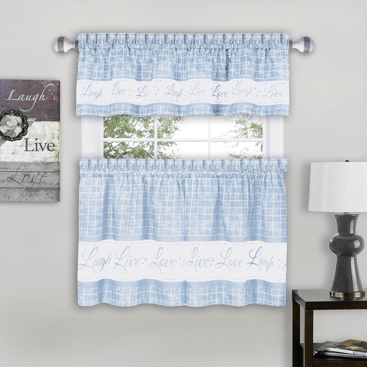 Tier and Valance Window Curtain Set - 58 Inch Width, 36 Inch Length - Live, Love, Laugh (Light Blue) - Light Filtering Drapes for Kitchen, Bedroom, Living & Dining Room by Achim Home Decor