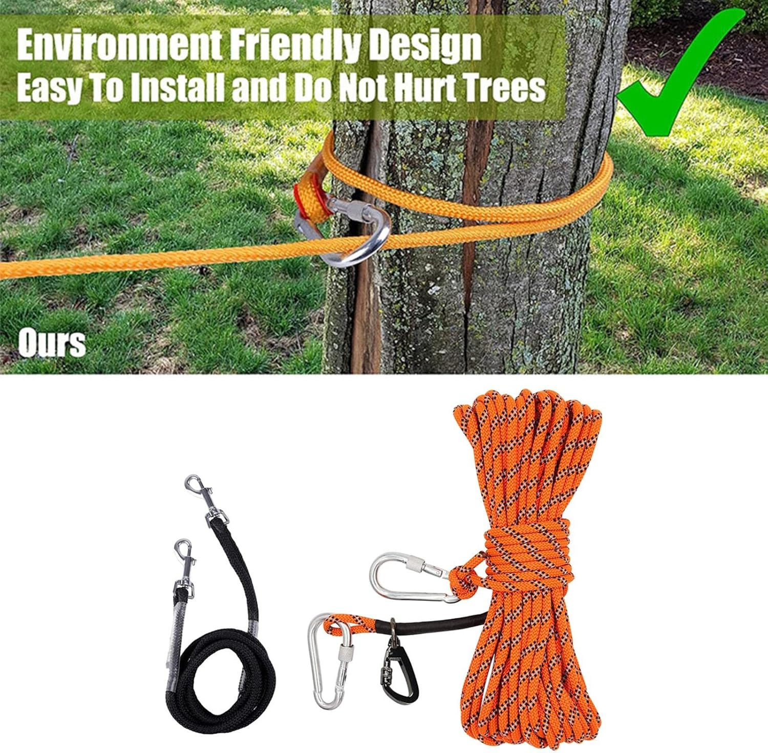 JISADER 50Ft Dog Trolley Runner Cable Carabiners Pulley Smooth Sliding Tether Ropes Outdoor Activities Gardens Camping image number 5