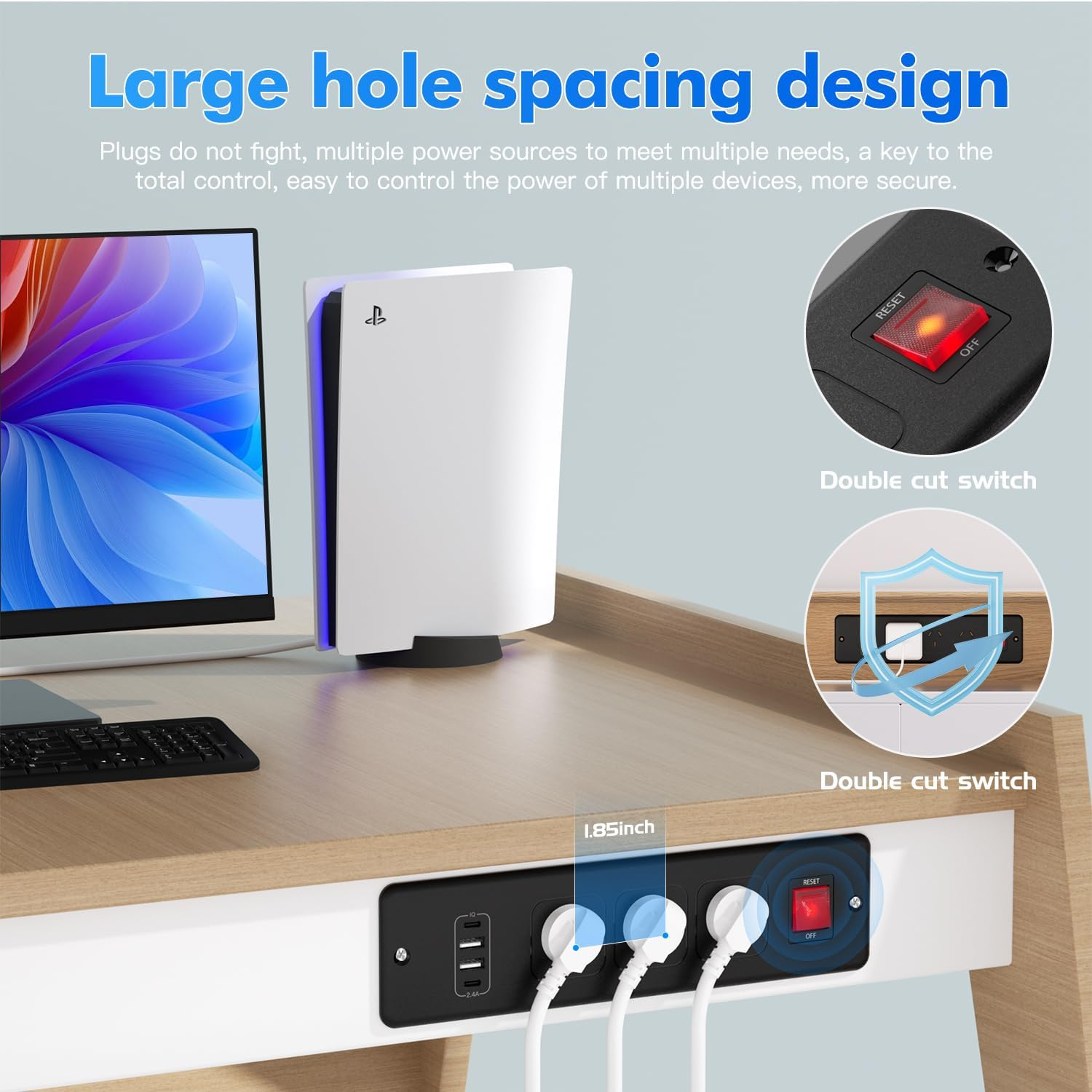 BOCHLION Recessed Power Strip with 3 Outlets 4 USB Ports, Slim Space Saving Embedded Socket for Home, Office and Hotel Use, 6 Ft Extension Cord (Black) - White image number 6