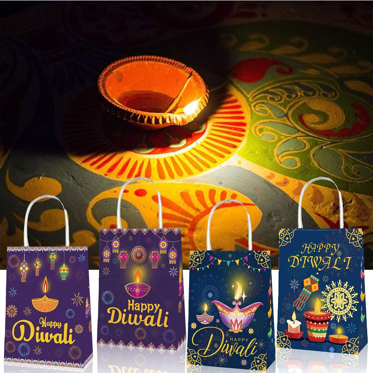 12PCS Happy Diwali Favor Bags,Gift Bags Kraft Liner Paper Bags Pack Diwali Items 8.3"X6.3"X3.15" image number 1