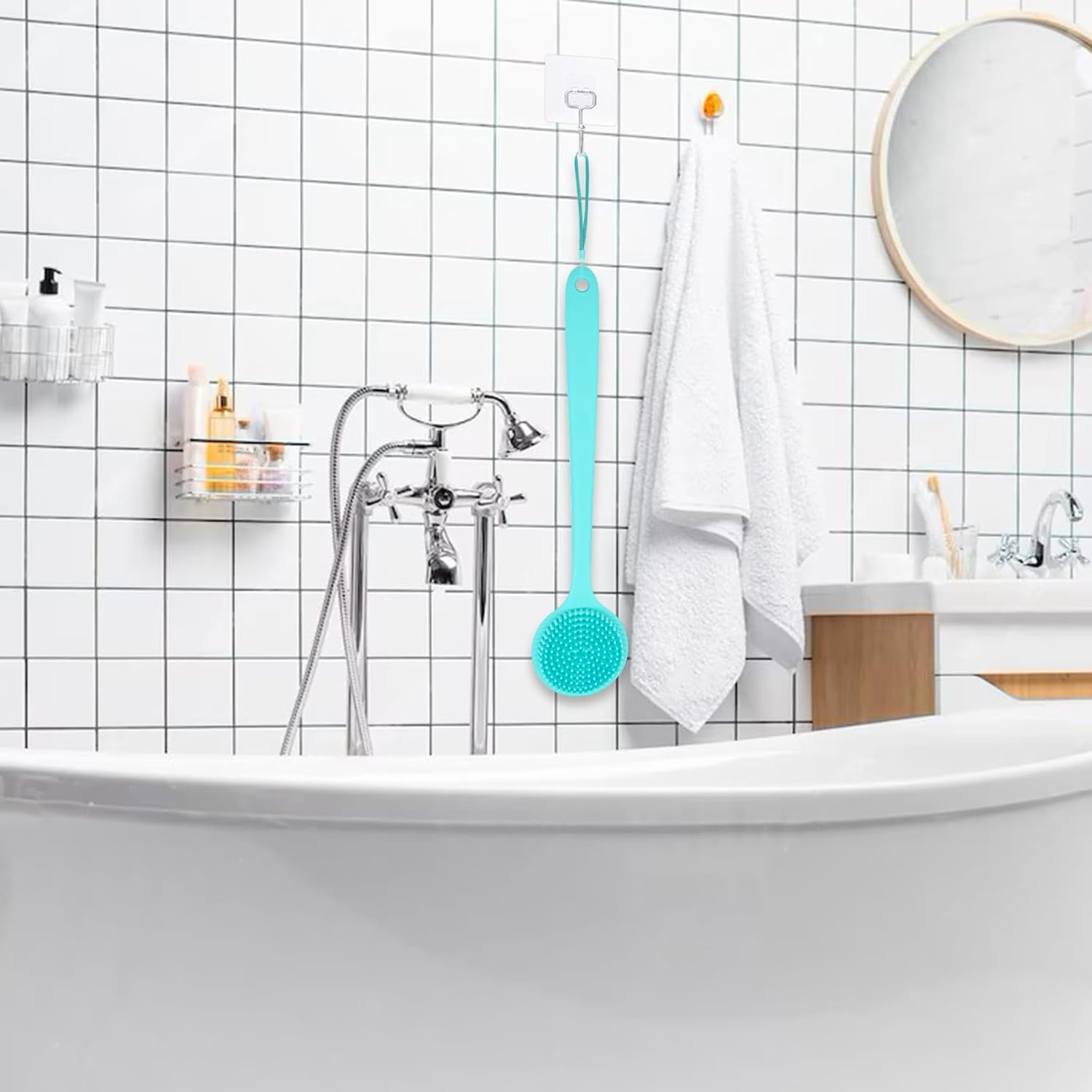 Silicone Back Scrubber for Shower Bath Body Brush with Long Handle Double Sided Exfoliating Shower Brush with a Hook and a Lanyard - Black image number 6