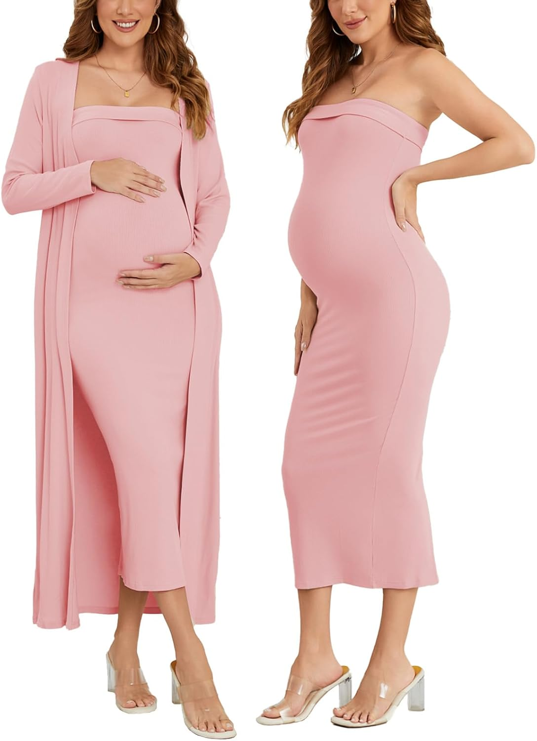 Ecavus Maternity Tube Dress Long Cardigan 2 Piece for Baby Shower and Wedding Guest Ribbed Maternity Photoshoot Dresses