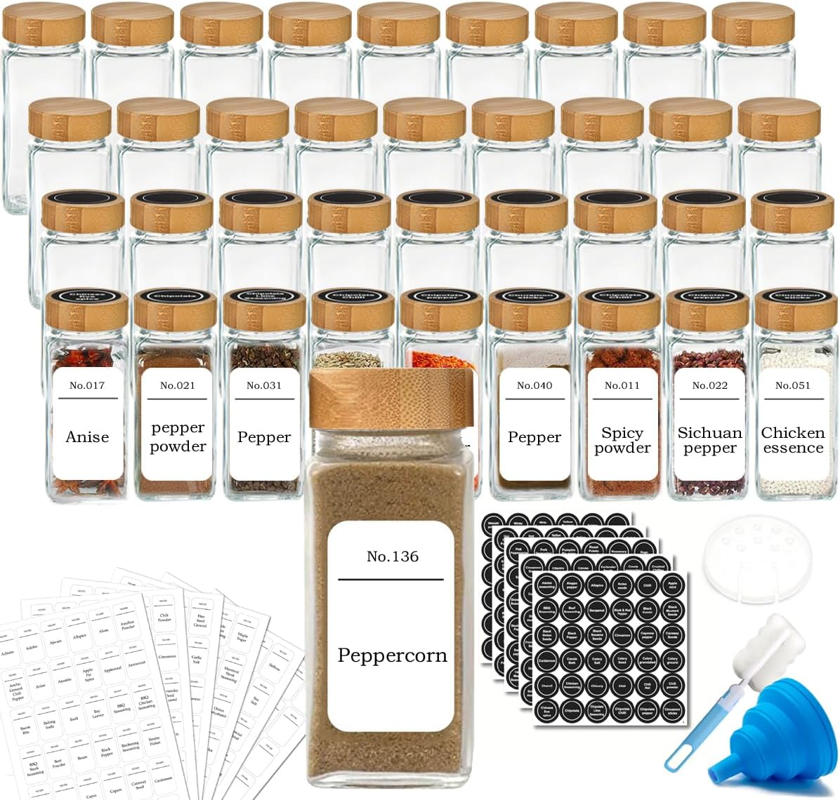 36Pcs Glass Spice Jars Bottles with Bamboo Lid, Square Seasoning Containers Spices Organizer Small Items Storage Organization for Spice Rack, Cabinet, Drawer, with Shaker Lids, 120Ml image number 2