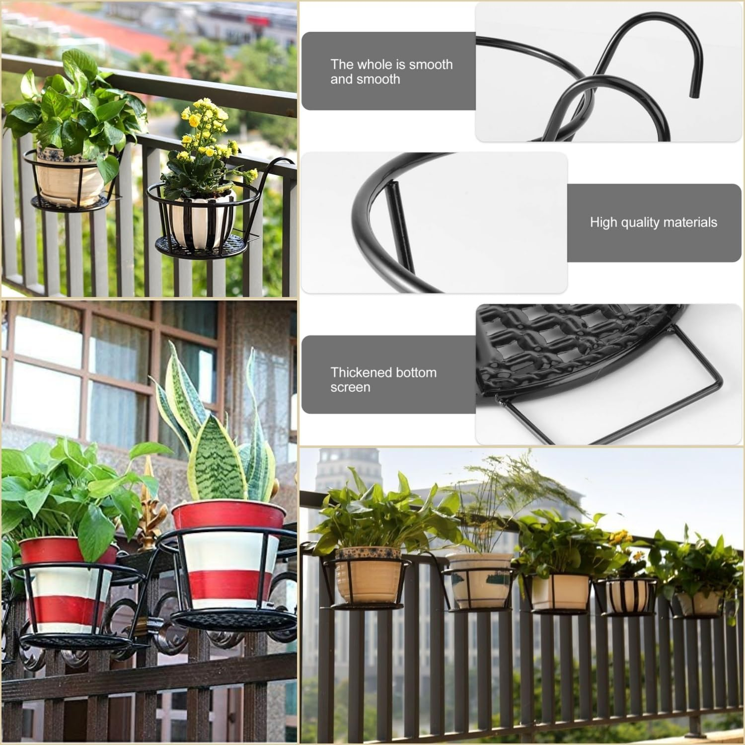 Taicols 4 Pcs Iron Metal Railing Flower Pot, Balcony Iron Plant Stand Railing Hanging Planter Holder for Fence Planters & Hanging Plants,Durable Steel Structure & Decorative Design, Indoor & Outdoor image number 6