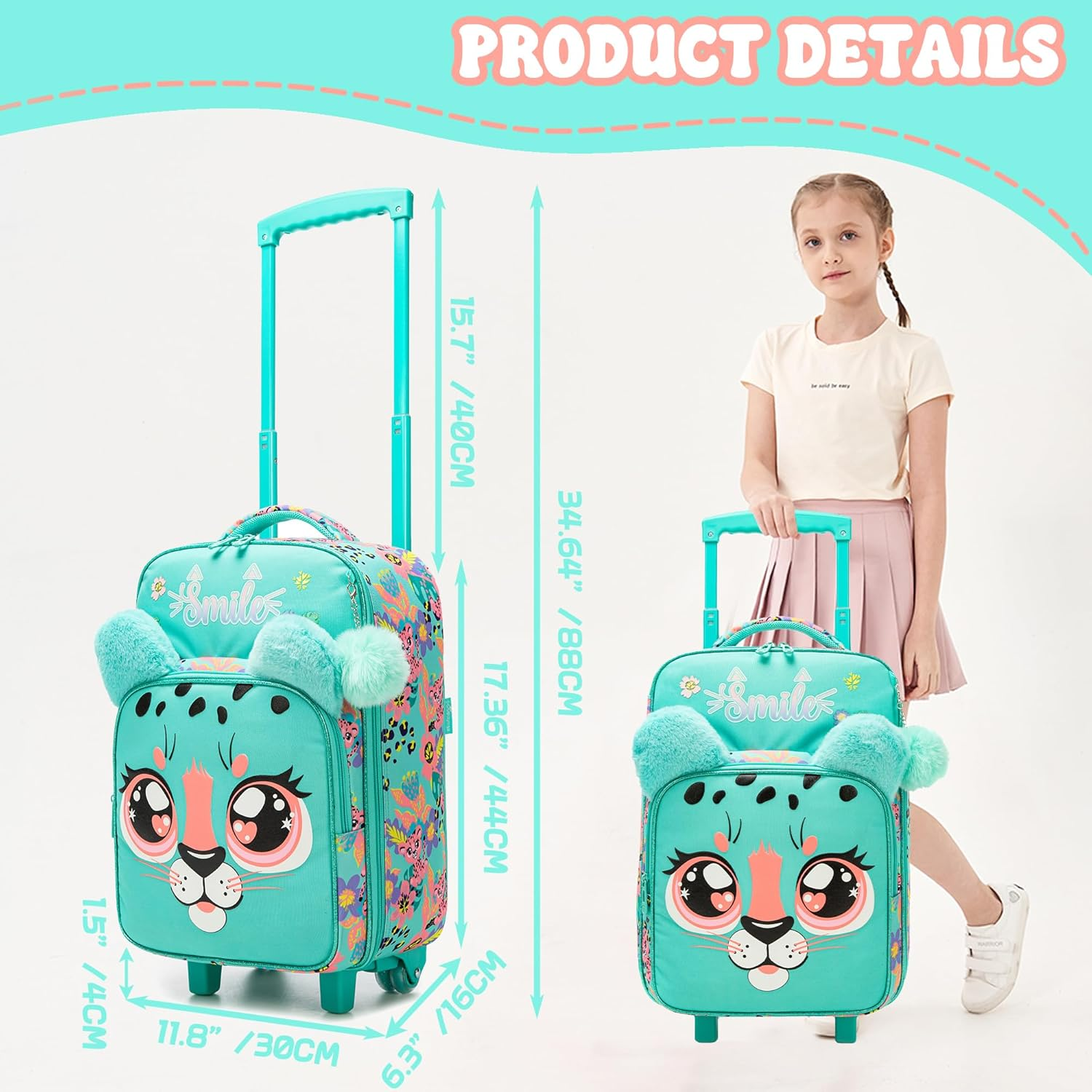 Homskiii Kids Luggage Sets with Wheels Girls Travel Softside Suitcases 16" Carry on Suitcase Airline Approved, 01 Green, 16Inch image number 3