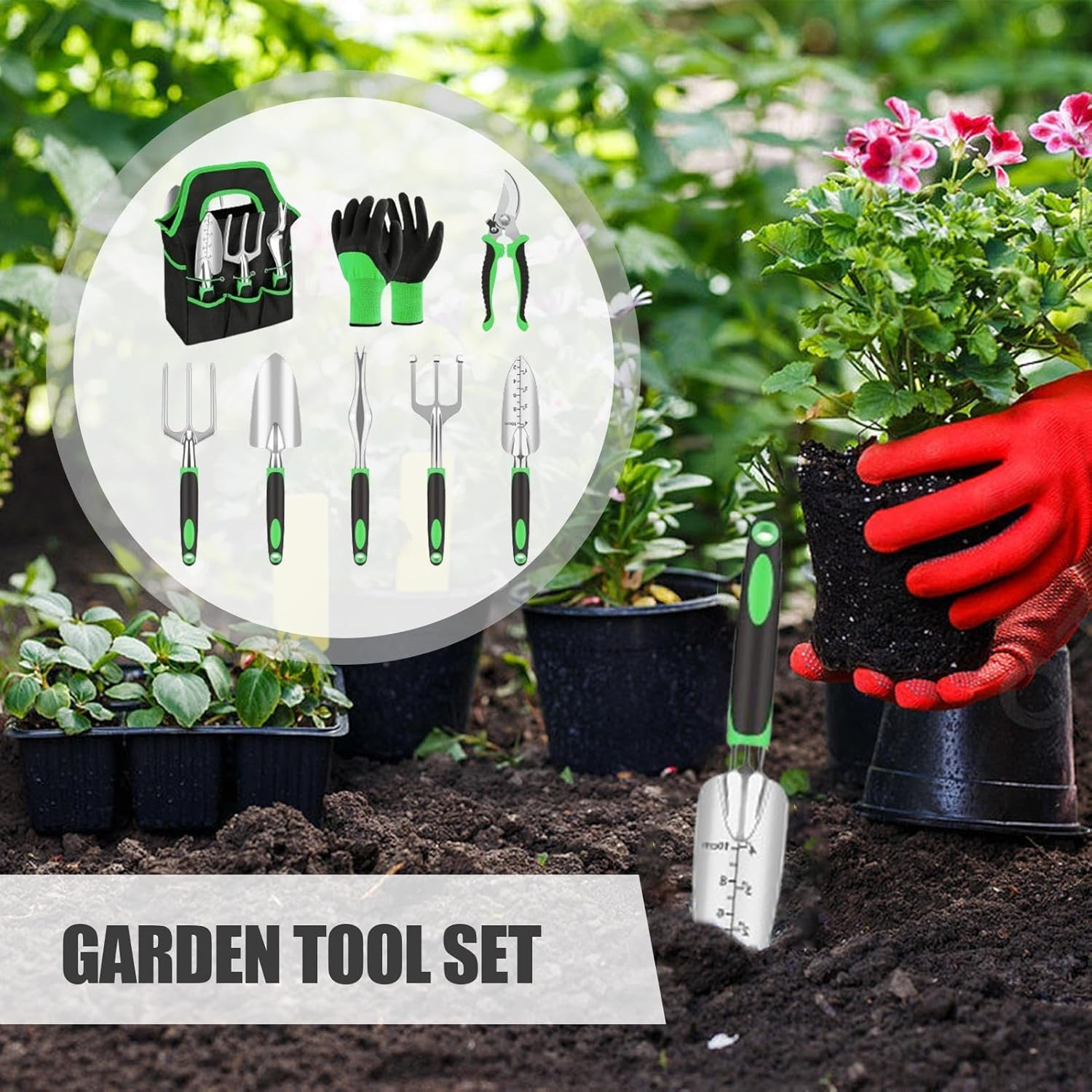 Outdoor Gardening Supplies - Metal Portable Gardening Supplies Hand Tools,18X Hand Pruning Tools with Storage Bag, Garden Tools with Rubber Handle for Gardening image number 4