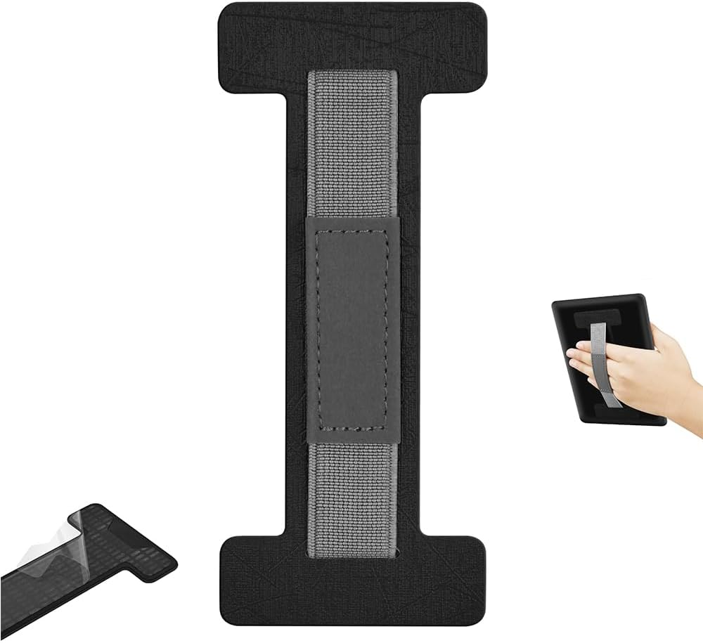 Adhesive Hand Strap for Kindle, Ipad, Kobo, BOOX &ndash; Universal PU Leather Hand Strap with Silk Texture, Adjustable & Removable Grip for Tablets, E-Readers, and More (Blue)