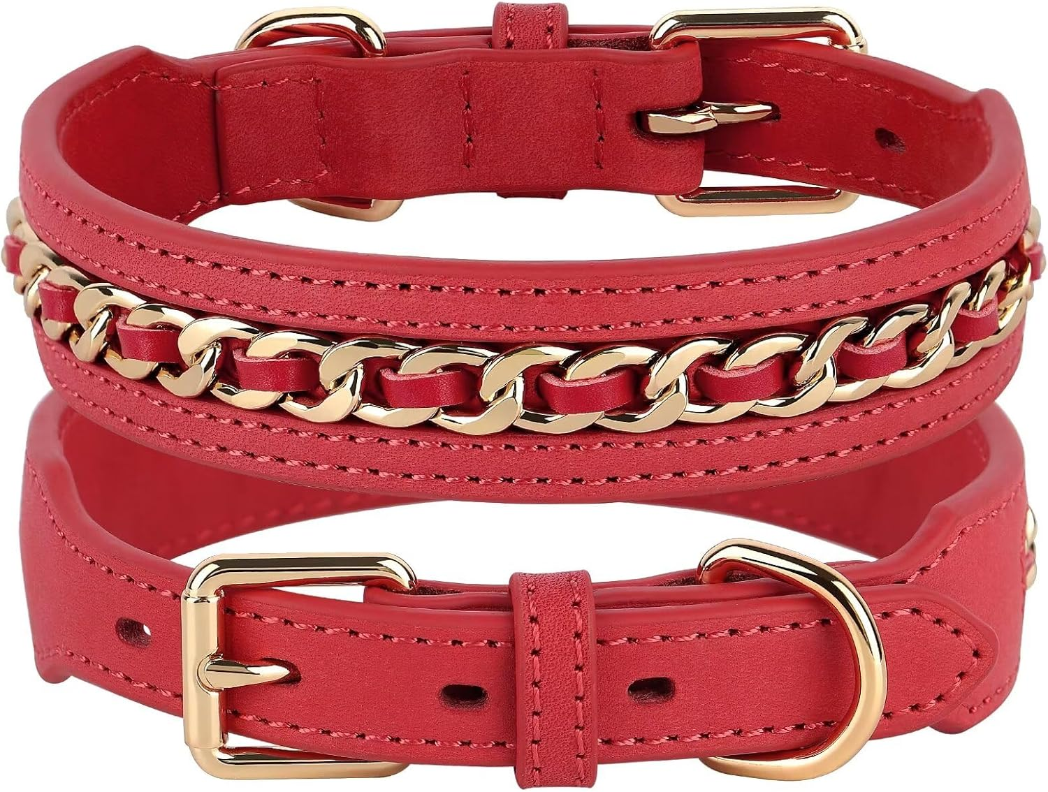 Didog Genuine Leather Dog Collar, Braided Dog Collar Leather Stylish Durable Metal Chain Dog Collar for Medium Large Dogs, Red, M image number 1