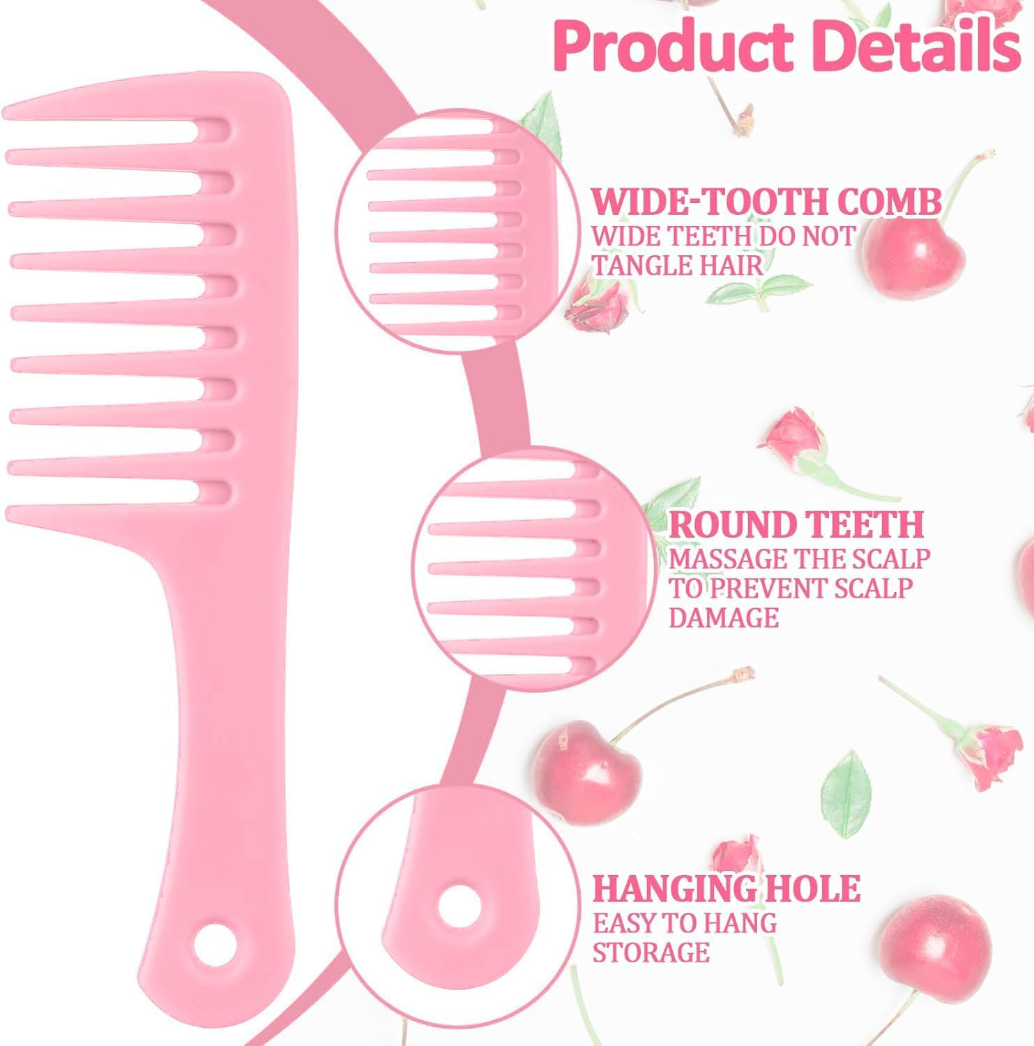 3PCS Pink Wide Tooth & Fine Tooth Combs Set - Detangling Comb for Wet Wavy Curly Thick Hair (Pink, One Size) image number 3