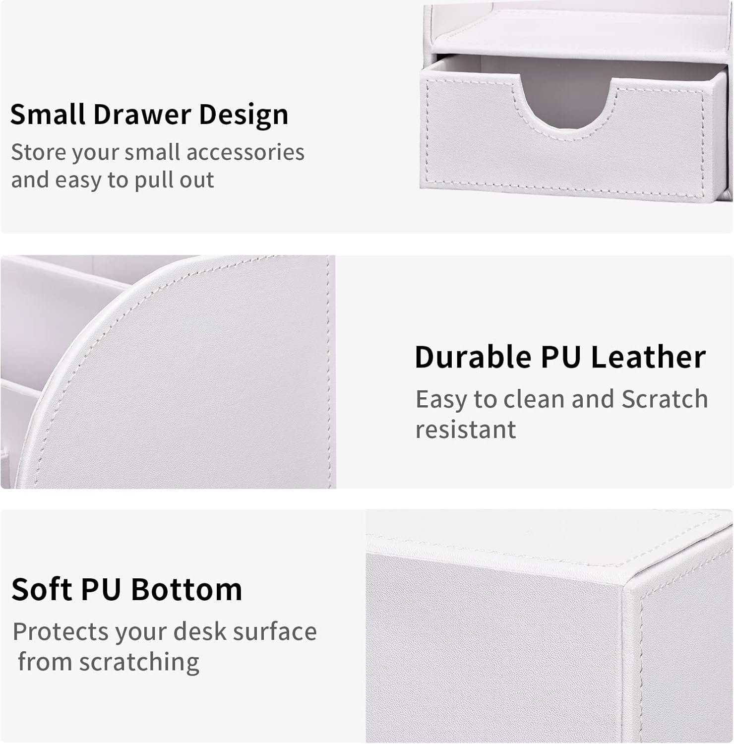 KINGFOM Pu Leather Desk Organizer Pen Pencil Holder Office Supplies Caddy Storage Box 6 Compartments with Drawer White (Full Pu Leather) image number 6