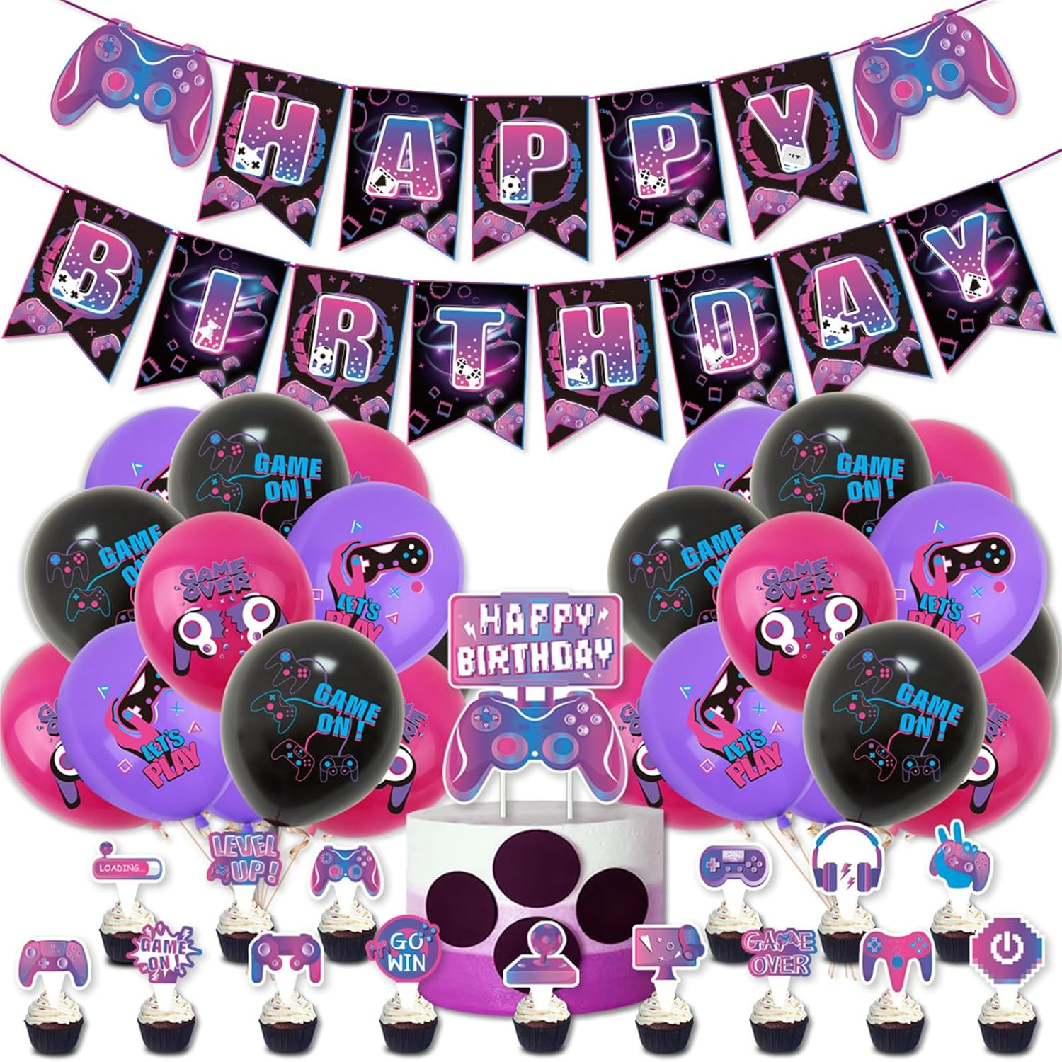 Video Game Birthday Party Decorations Game on Party Supplies Gaming Birthday Decoration Including Happy Birthdays Banner, Latex Balloons and Cake Decorations image number 3