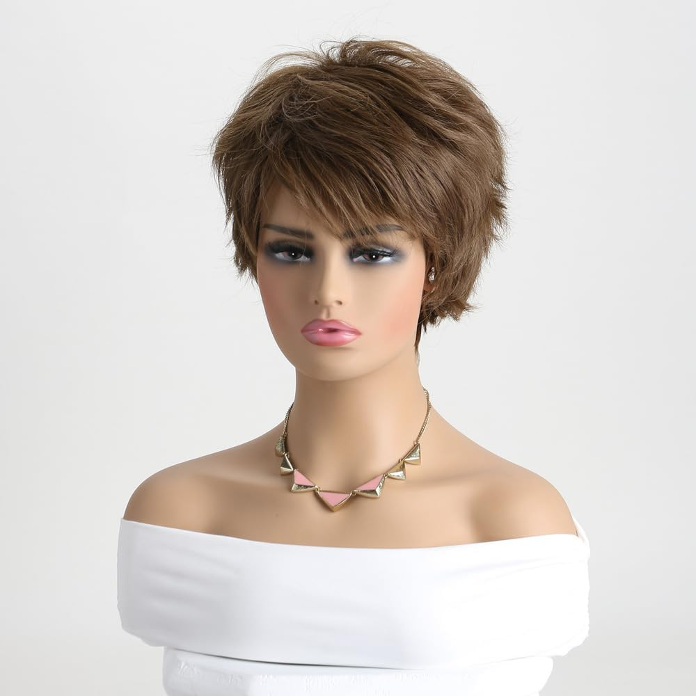 AUBWIG Short Brown Wig Pixie Cut Curly Wavy Women'S Wig Soft Shaggy Tiered Full Synthetic (Brown #2) image number 5