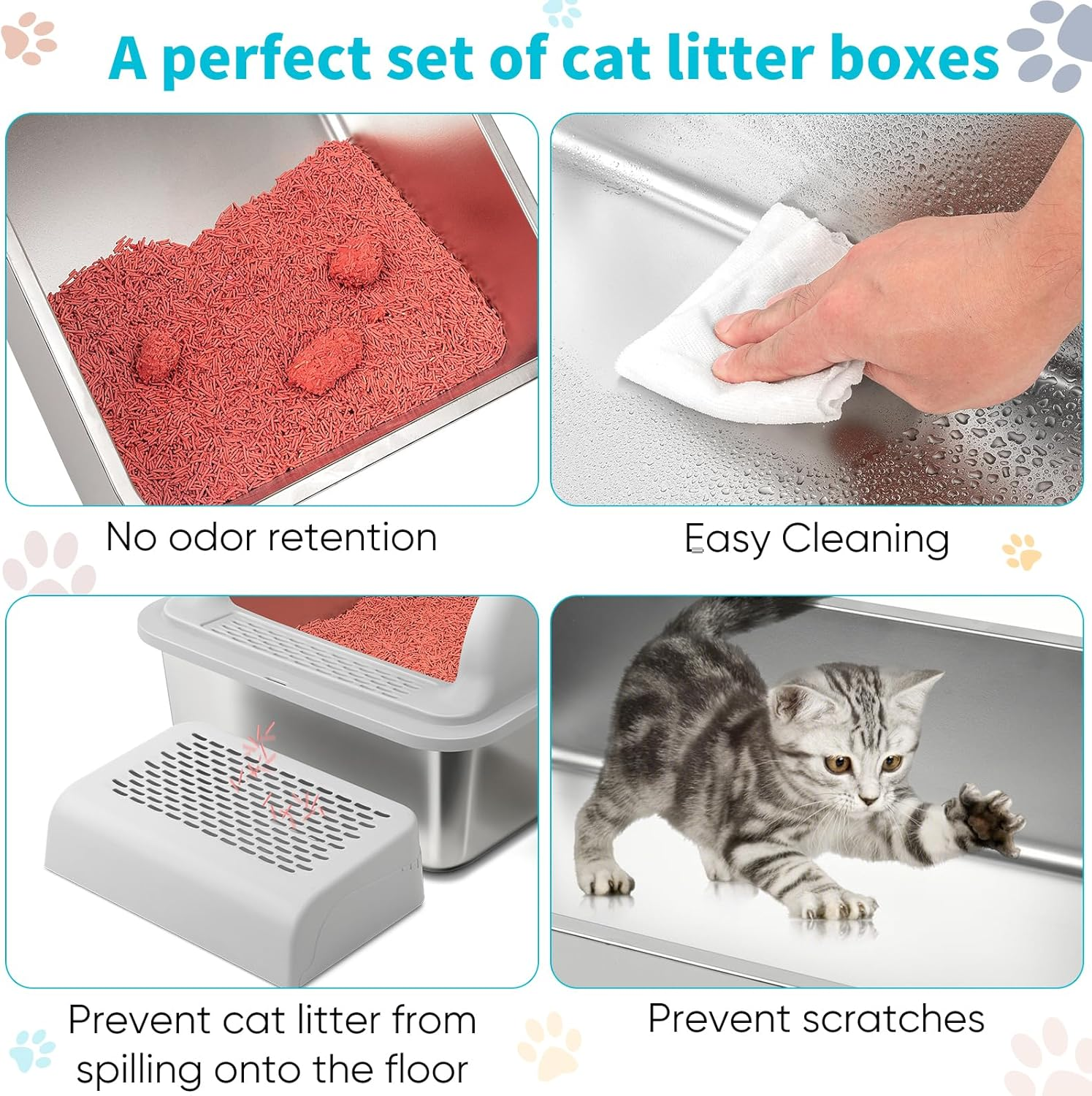 Gazingme Stainless Steel Cat Litter Box with Lid, 23.5" L X 15.5" W X11.8 H for Big Cats, Easy-To-Clean and Non-Sticky Extra Large Cat Little Tray, High Sides Enclosed Design for Anti-Urine Leakage image number 4